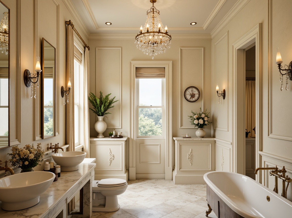 Prompt: Elegant bathroom, ornate faucets, marble countertops, porcelain sinks, crystal chandeliers, gold accents, Victorian-inspired mirrors, intricate moldings, soft cream colors, warm beige tones, luxurious textiles, freestanding tubs, separate showers, rain showerheads, wall-mounted toilets, classic pedestal sinks, polished chrome fixtures, ambient lighting, soft focus, 1/2 composition, ornate metalwork, realistic reflections.