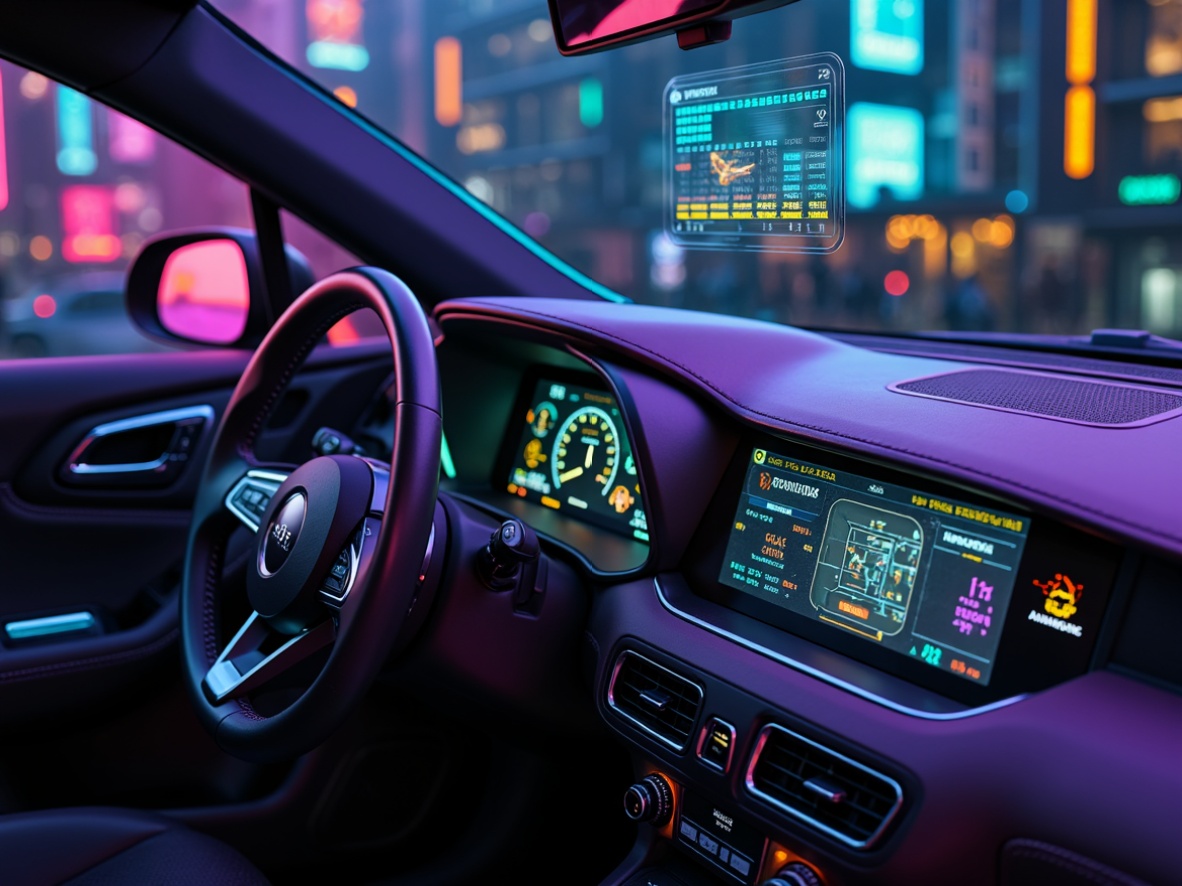 Prompt: Vibrant digital illustration, futuristic dashboard display, sleek metallic accents, neon-lit interfaces, holographic projections, cyberpunk atmosphere, dark blues and purples, electric oranges and yellows, pastel pink and green hues, subtle gradients, high-contrast color schemes, bold typography, minimalist composition, atmospheric lighting, shallow depth of field, 3/4 aspect ratio, cinematic view.