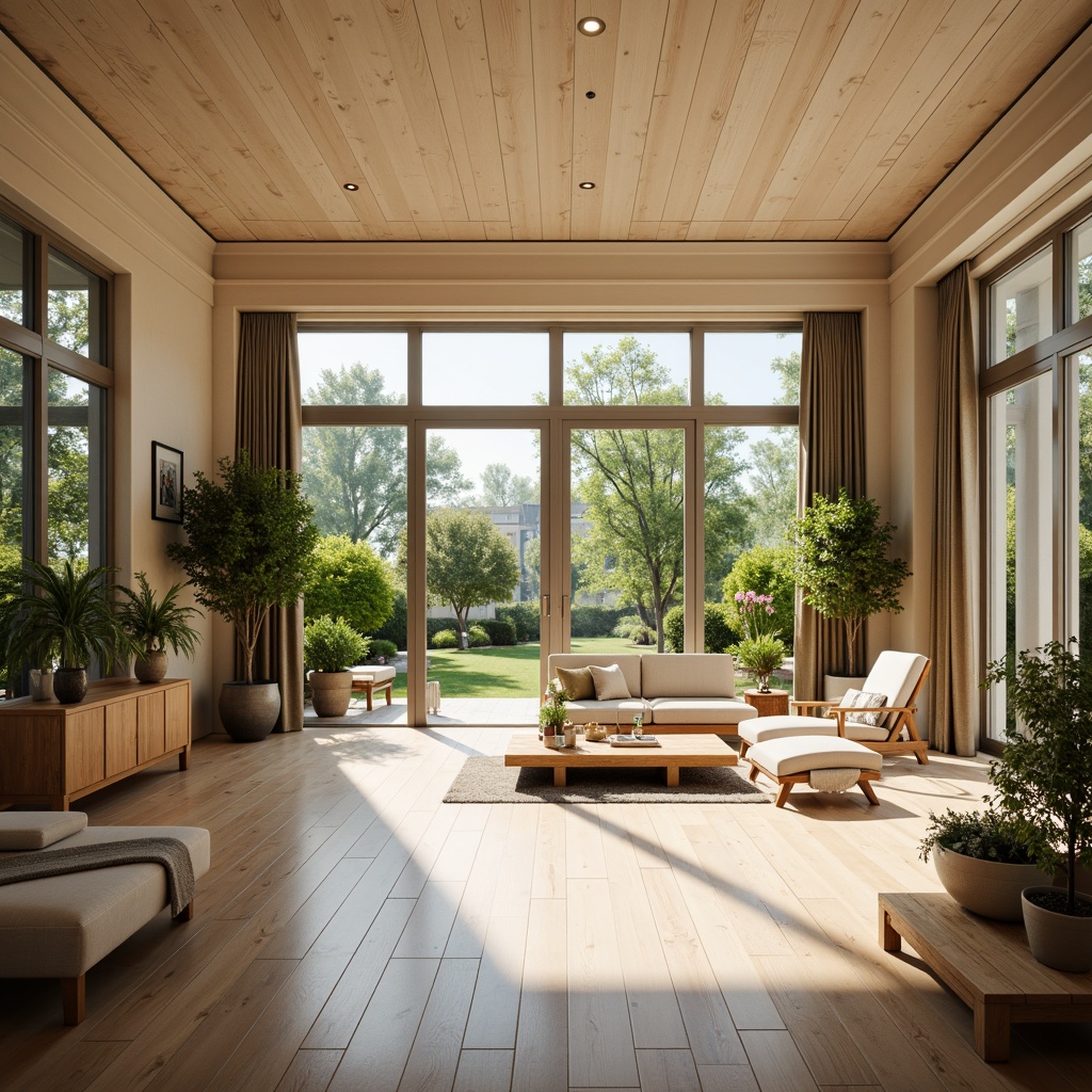 Prompt: Bright sunroom, open space concept, minimalist decor, floor-to-ceiling windows, sliding glass doors, natural light pouring in, warm beige walls, polished wooden floors, sleek modern furniture, greenery views, potted plants, hanging planters, soft warm lighting, shallow depth of field, 1/1 composition, realistic textures, ambient occlusion, airy atmosphere, comfortable seating areas, relaxation zones.