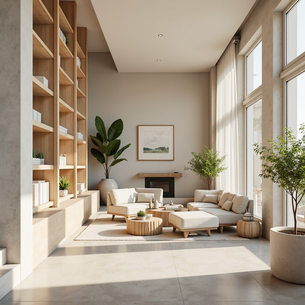 Prompt: Soft pastel hues, calming atmosphere, warm beige tones, creamy whites, gentle blues, muted greens, subtle earthy undertones, rich wood textures, natural stone accents, minimalist decor, modern furniture, sleek metallic frames, ambient soft lighting, shallow depth of field, 3/4 composition, panoramic view, realistic renderings, atmospheric perspective.