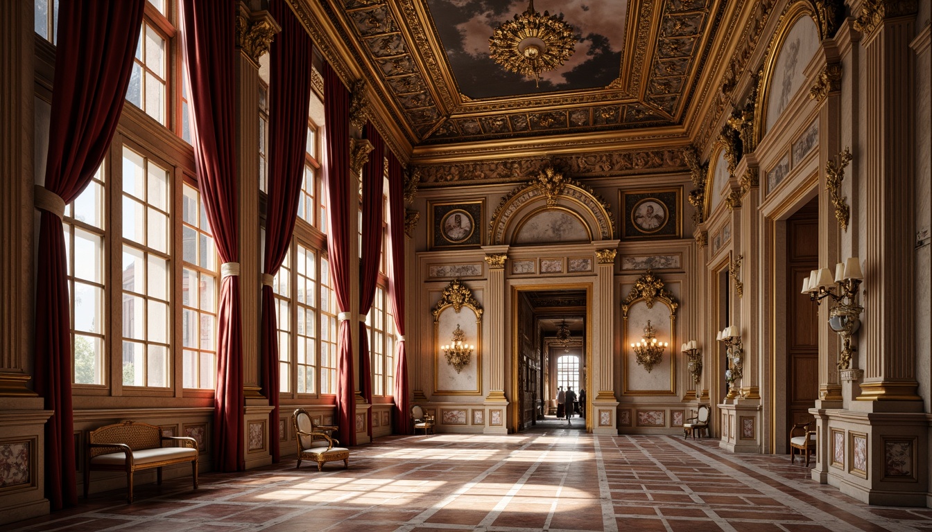 Prompt: Grand palace interior, ornate archways, sweeping curves, majestic columns, intricate carvings, gilded details, luxurious fabrics, rich velvet drapes, ornamental chandeliers, lavish furnishings, Renaissance-era inspiration, classical motifs, harmonious proportions, symmetrical composition, soft warm lighting, shallow depth of field, 1/1 composition, realistic textures, ambient occlusion.