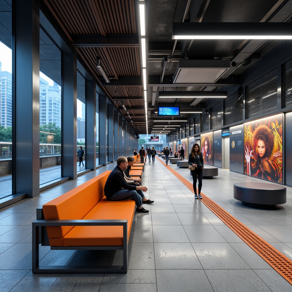 Prompt: Modern metro station interior, sleek benches, stainless steel frames, bold color accents, urban concrete flooring, industrial-style lighting fixtures, minimalist signage, futuristic digital displays, comfortable waiting areas, durable seating materials, ergonomic design, ample legroom, subtle branding elements, dynamic LED installations, vibrant cityscape views, rush hour atmosphere, shallow depth of field, 1/2 composition, realistic textures, ambient occlusion.