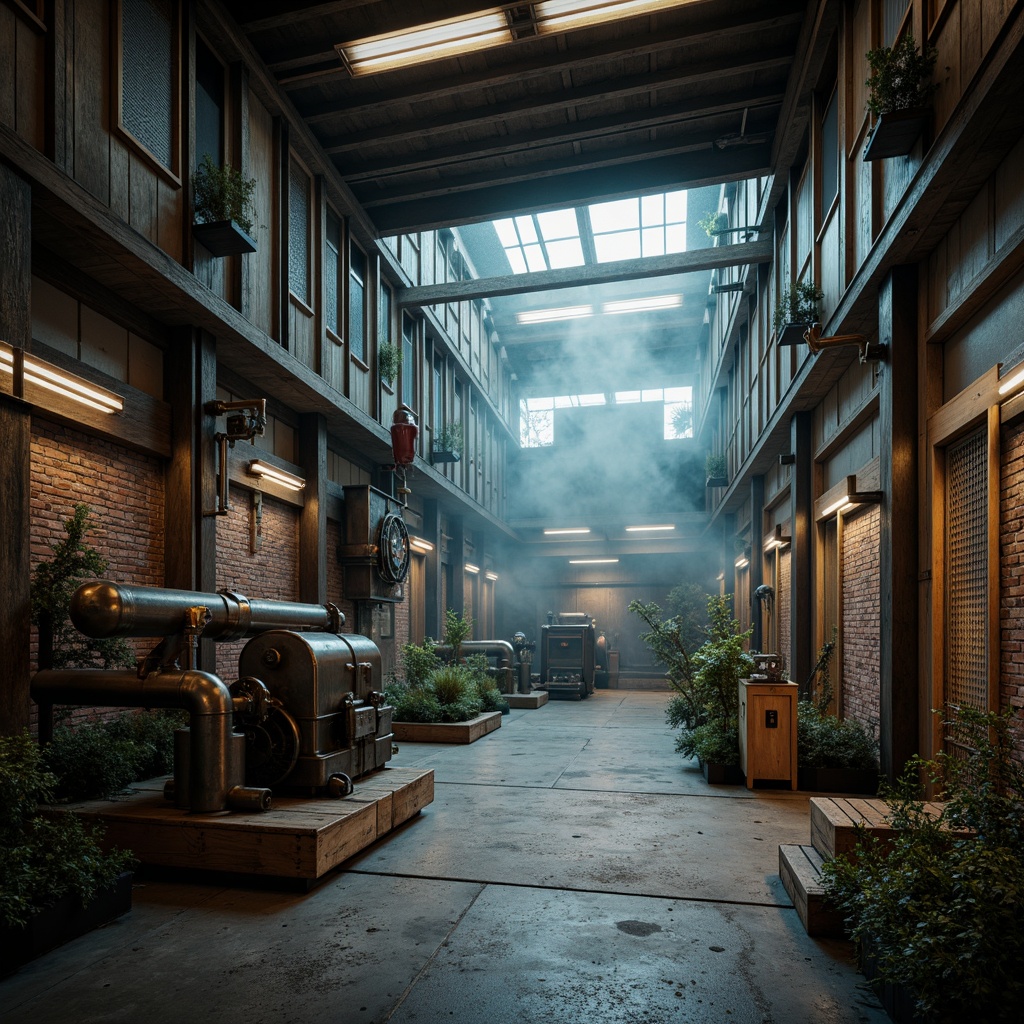 Prompt: Industrial-style zoo enclosures, exposed metal pipes, distressed brick walls, reclaimed wood accents, urban jungle atmosphere, misty fog effects, dramatic spotlights, rusted steel beams, concrete flooring, functional machinery, mechanical details, gritty textures, atmospheric smoke effects, cinematic composition, high contrast lighting, shallow depth of field.