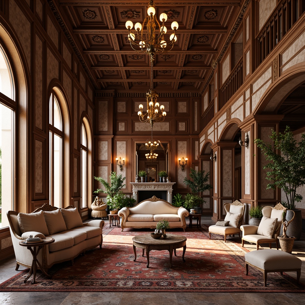 Prompt: Luxurious Renaissance-style interior, rich wood tones, ornate furnishings, high ceilings, grand chandeliers, marble accents, intricate patterns, warm earthy colors, classic Italian-inspired designs, terracotta floors, handcrafted wooden inlays, polished granite surfaces, vintage rugs, golden lighting fixtures, soft romantic ambiance, warm cozy atmosphere, elegant sophistication.