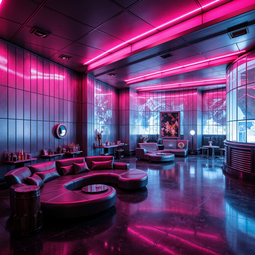 Prompt: Neon-lit retro-futuristic interior, metallic silver walls, glossy black floors, vibrant neon accents, pulsing LED lights, holographic displays, sleek glass surfaces, chrome-plated details, curved lines, minimalist furniture, ambient occlusion, cinematic lighting, 3/4 composition, shallow depth of field, futuristic atmosphere, cyberpunk-inspired color scheme, bright pink hues, electric blue tones, acid green accents, dark purple shades.