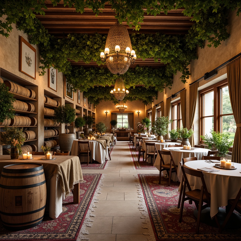 Prompt: Rustic winery, vintage wooden barrels, distressed stone walls, lush green vines, soft warm lighting, natural linen fabrics, floral patterns, lace trimmings, burlap textures, weathered wood accents, earthy color palette, romantic candlelit ambiance, intimate dining settings, ornate metalwork, antique furniture pieces, elegant chandeliers, lavish drapery, plush area rugs, warm beige stonework, cozy fireplaces, serene courtyard views, 1/2 composition, soft focus effect.