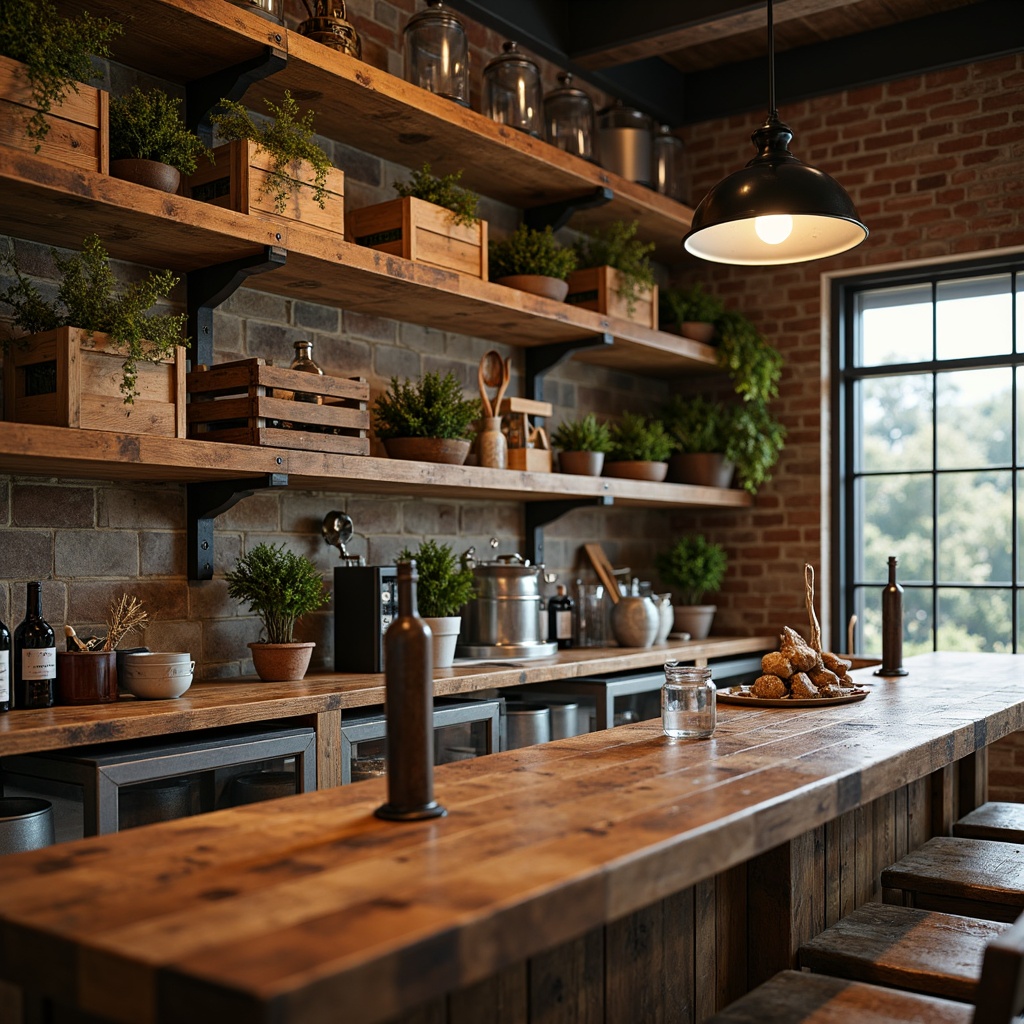 Prompt: Rustic farmhouse bar, reclaimed wood shelves, metal brackets, vintage industrial decor, earthy tones, wooden crates, galvanized buckets, potted greenery, distressed finishes, natural stone walls, exposed brick, soft warm lighting, cozy atmosphere, 3/4 composition, shallow depth of field, realistic textures, ambient occlusion.