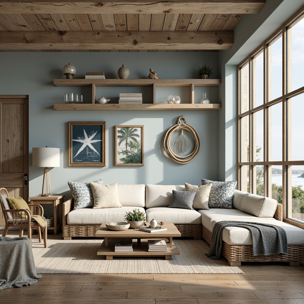 Prompt: Driftwood accents, sea-weathered wood tones, plush beach-inspired upholstery, nautical rope details, shell-shaped decor, ocean-blue hues, sandy neutrals, natural linen textures, woven rattan furniture, reclaimed wooden planks, distressed finishes, vintage coastal signs, porthole windows, rustic metal frames, soft warm lighting, cozy throw blankets, beachy scents, 3/4 composition, shallow depth of field, realistic wood grain textures.