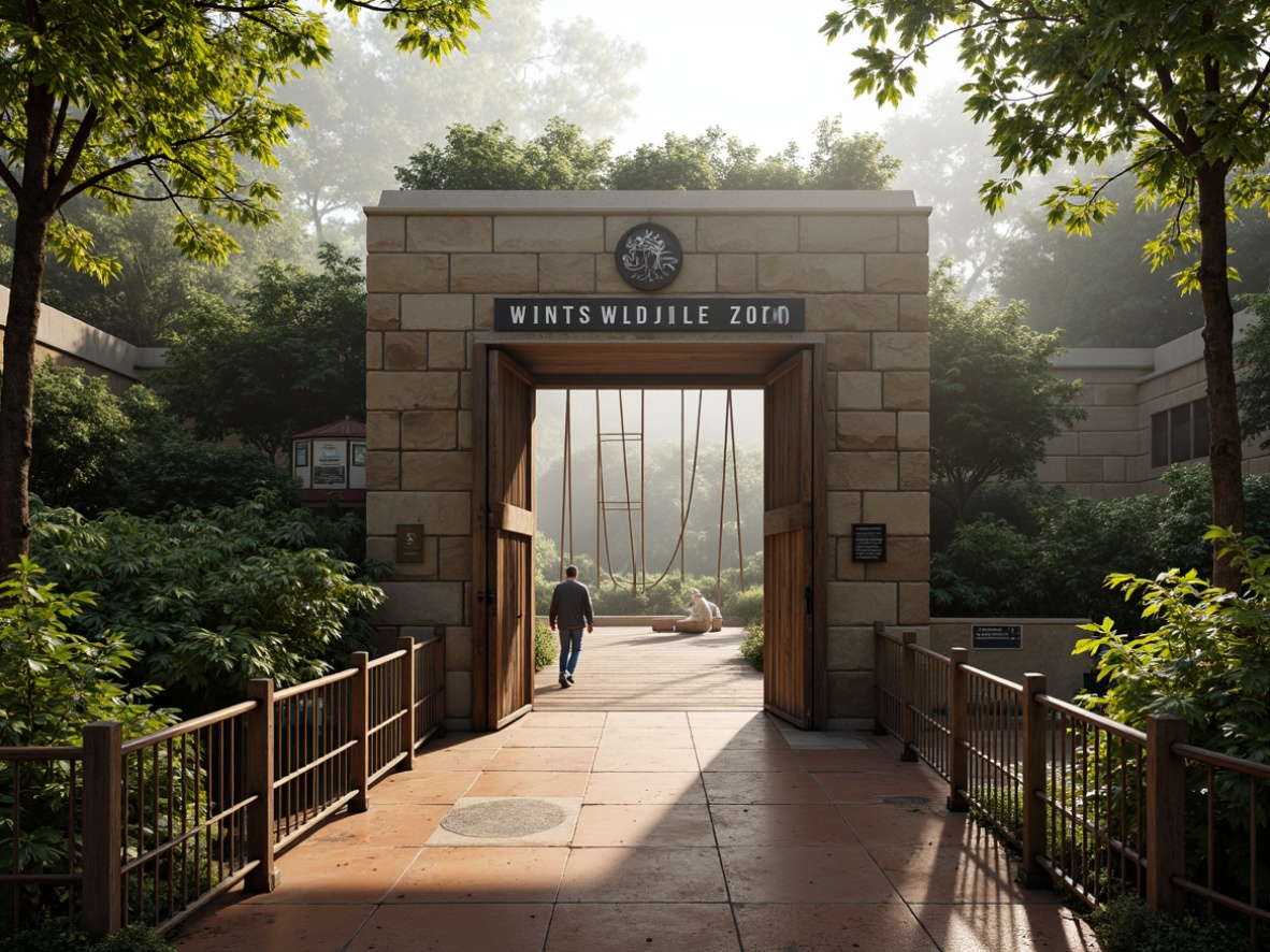 Prompt: Wildlife zoo entrance, rustic wooden gates, natural stone walls, earthy terrain, exotic foliage, tropical trees, misty atmosphere, warm sunlight, rustic metal railings, wooden decking, animal enclosures, water features, rock formations, artificial ruins, distressed concrete textures, vibrant greenery, playful monkey bars, educational signage, shallow depth of field, 1/1 composition, realistic materials, ambient occlusion.