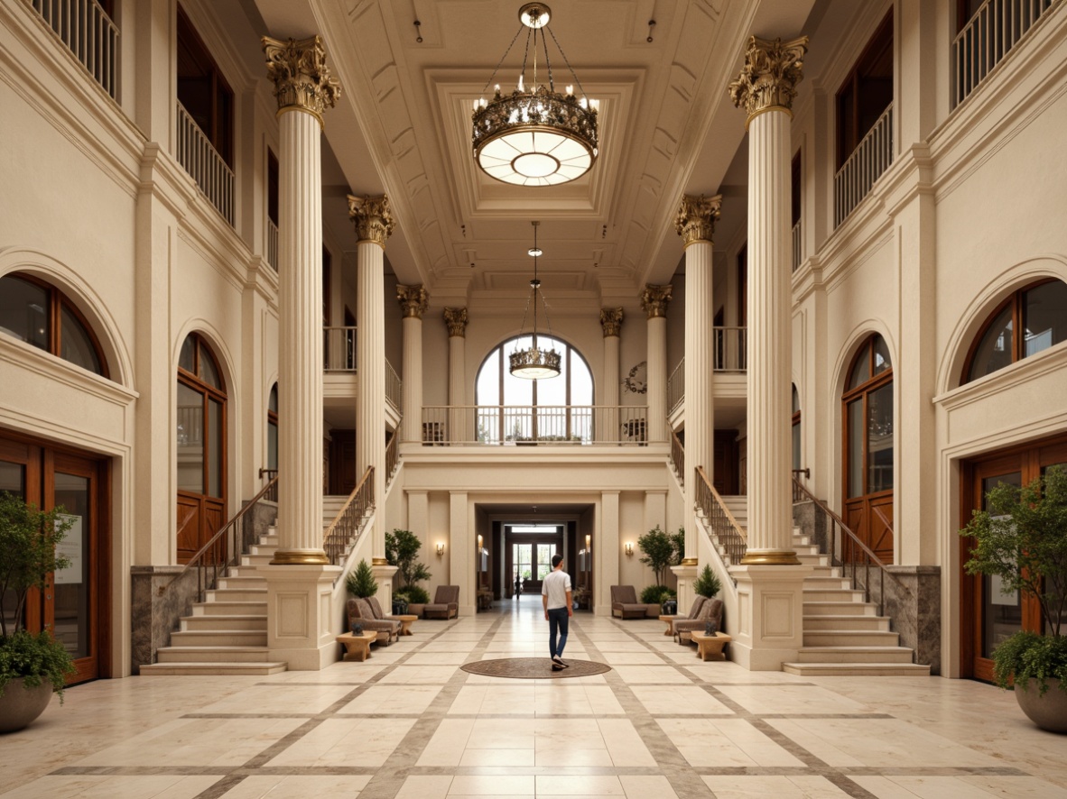 Prompt: Grandiose youth center, classical columns, ornate cornices, symmetrical facades, intricately carved stone details, elegant archways, vaulted ceilings, rich wooden doors, bronze hardware, sweeping staircases, grand chandeliers, warm beige color scheme, natural marble floors, soft diffused lighting, shallow depth of field, 1/1 composition, frontal view, highly detailed textures, ambient occlusion.