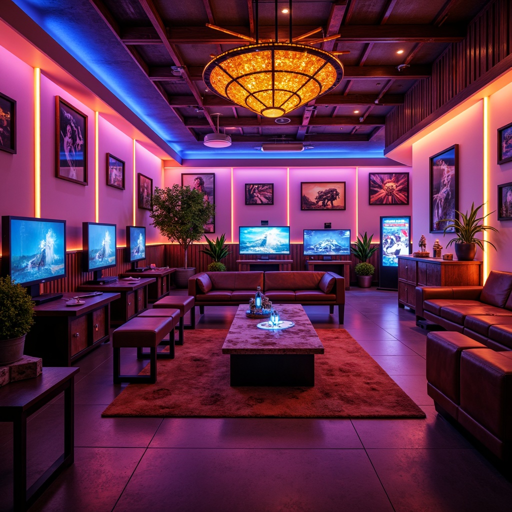 Prompt: Vibrant game room, neon-lit ambiance, futuristic lighting fixtures, glowing console screens, colorful LED strips, cozy seating areas, wooden accents, dynamic shadow effects, cinematic atmosphere, warm golden lighting, high-contrast ratios, dramatic spotlighting, 3-point lighting setup, low-poly textures, realistic reflections, ambient occlusion.