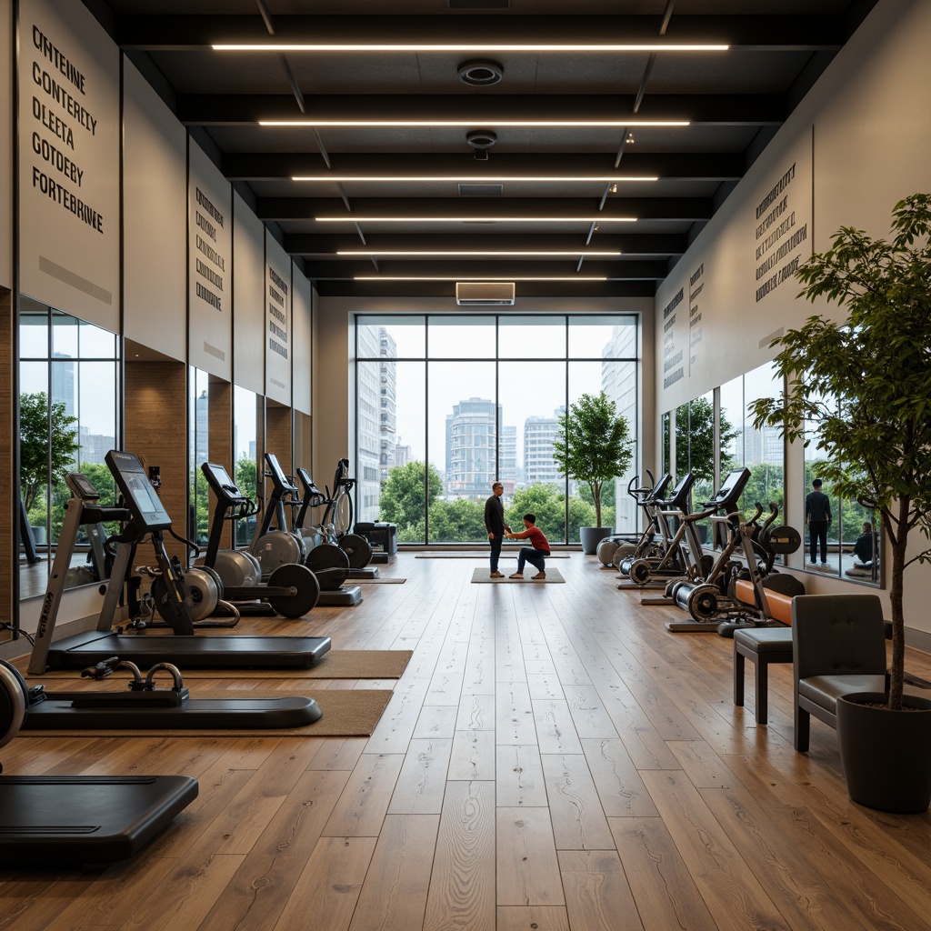 Prompt: Modern fitness studio, sleek lines, minimalist design, mirrored walls, polished wooden floors, state-of-the-art cardio machines, high-tech strength training equipment, free weights, resistance bands, exercise mats, yoga props, calming color scheme, natural light, floor-to-ceiling windows, urban cityscape views, vibrant greenery, motivational quotes, inspirational artwork, ambient lighting, shallow depth of field, 1/1 composition, realistic textures, soft focus blur.