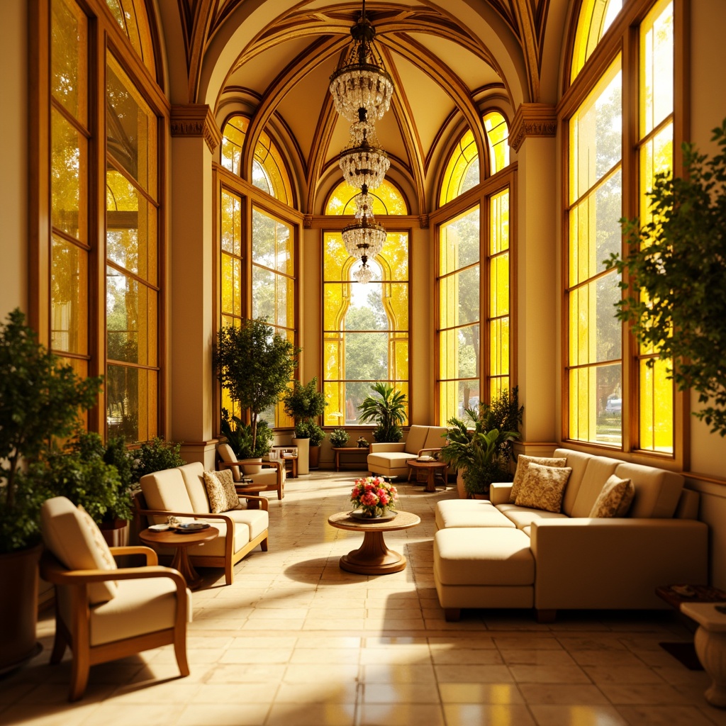 Prompt: Vibrant yellow glass accents, warm sunny ambiance, soft natural light, delicate ornate details, elegant Victorian-inspired architecture, intricately patterned floors, luxurious interior design, opulent furnishings, lavish decor, ornamental chandeliers, crystal prisms, subtle color gradations, refined modern touches, sophisticated styling cues, inviting atmosphere, shallow depth of field, 1/1 composition, soft focus, warm white balance, realistic glass reflections.