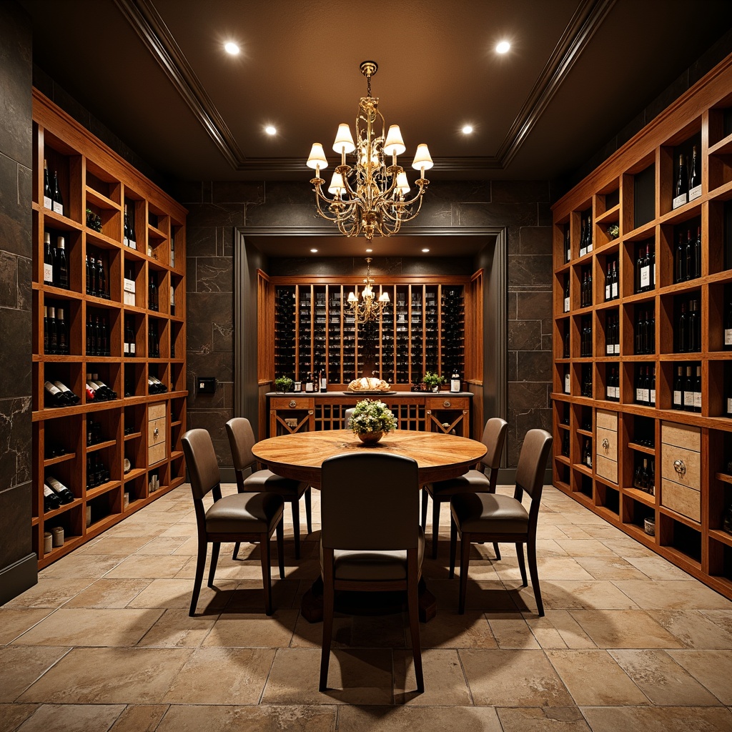 Prompt: Luxurious wine cellar, rich wood tones, dark stone walls, elegant chandeliers, sophisticated storage systems, premium flooring options, polished hardwood floors, rustic wooden crates, natural stone tiles, porcelain pavers, industrial-style concrete floors, ambient dim lighting, warm earthy color palette, classic traditional design, refined modern aesthetic, comfortable temperature control, precise humidity regulation.