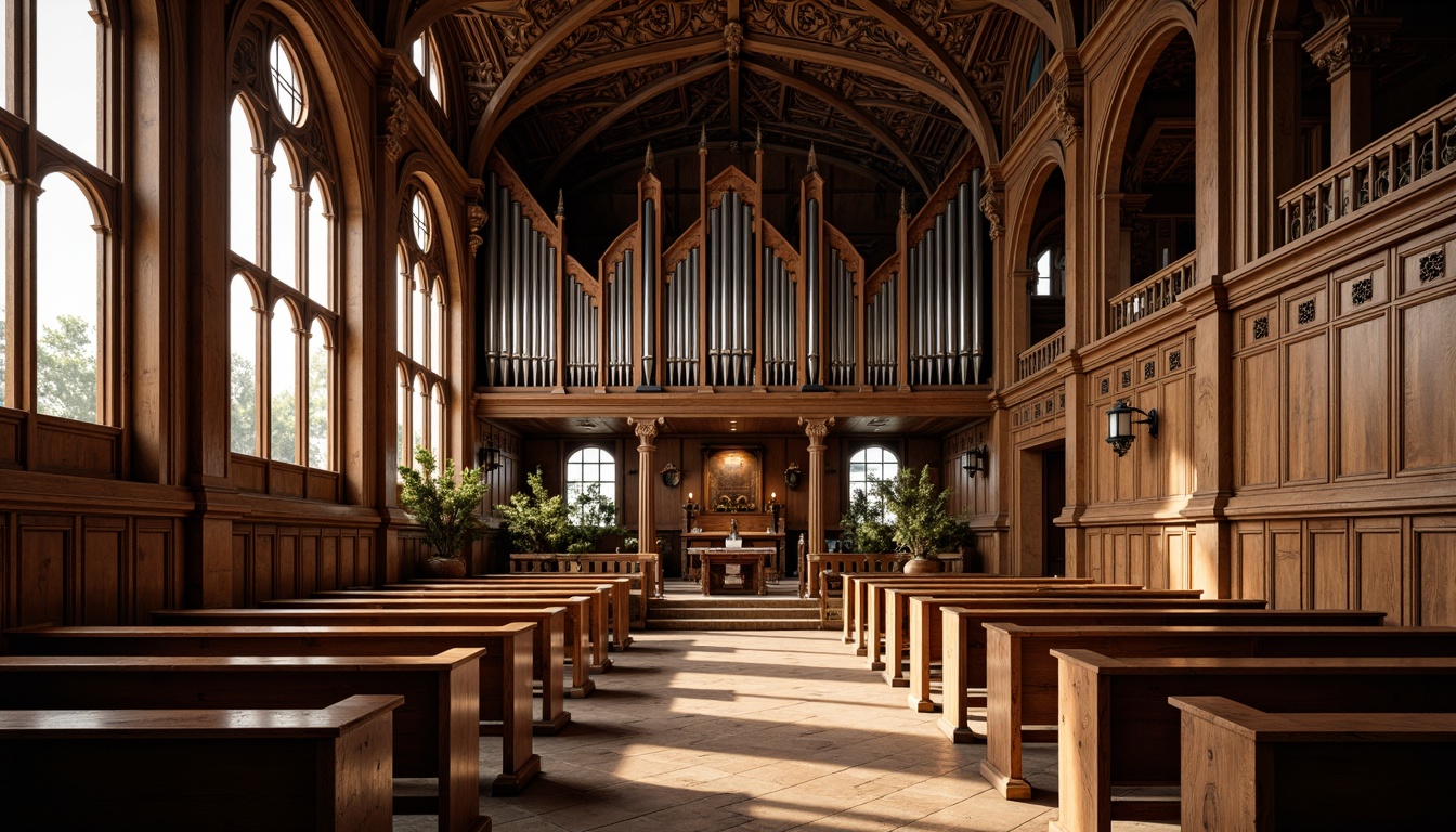 Prompt: Intricate wooden carvings, ornate Gothic arches, rustic oak pews, polished walnut altars, handcrafted wooden crucifixes, stained glass windows, vaulted ceilings, grand pipe organs, richly toned wood paneling, traditional craftsmanship, ornamental tracery, medieval-inspired design, warm golden lighting, soft natural textures, 1/1 composition, detailed realistic renderings.