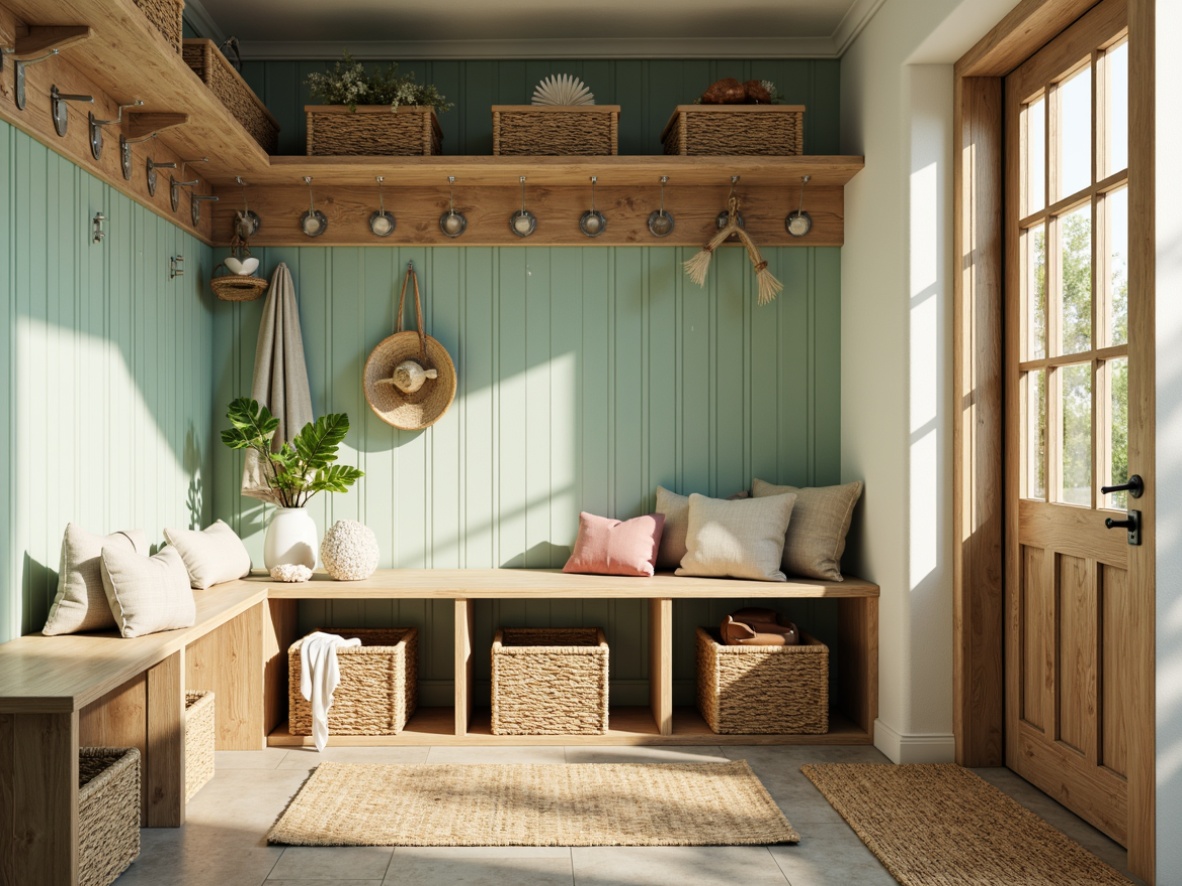 Prompt: Coastal mudroom, natural driftwood accents, woven rattan storage benches, nautical rope details, distressed wood cabinetry, soft ocean breeze, calming seafoam green walls, weathered metal hooks, woven jute rugs, functional shelving units, built-in cubbies, rustic wooden crates, decorative shells, coral-inspired textiles, sunny beachy vibe, warm golden lighting, shallow depth of field, 1/1 composition, realistic wood grains, ambient occlusion.