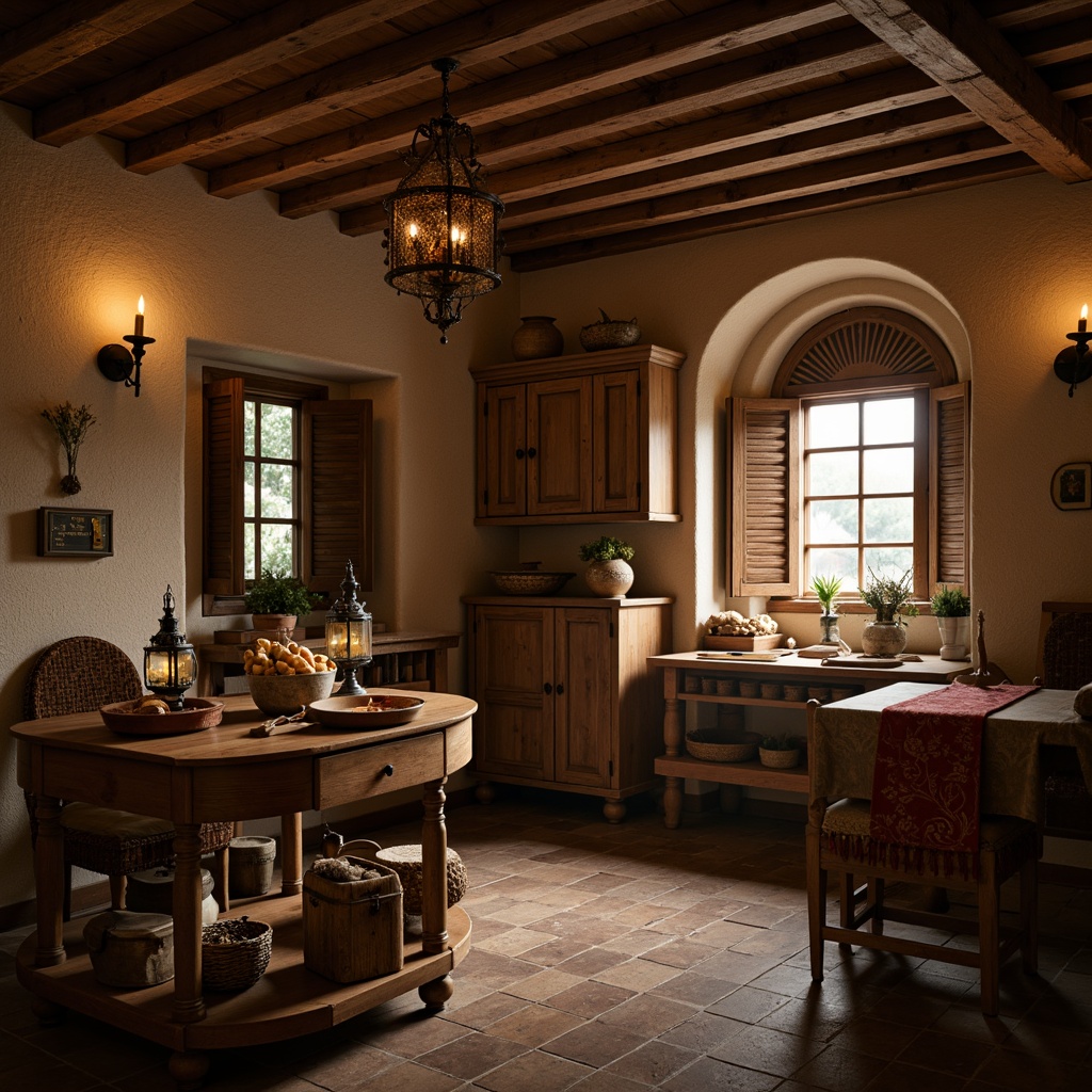 Prompt: Warmly lit craft room, rustic wooden tables, vintage metal lanterns, soft warm glow, cozy atmosphere, natural stone walls, earthy tones, traditional Renaissance-inspired decor, ornate wooden furniture, rich velvet fabrics, intricate carvings, warm beige colors, subtle candlelight, gentle shadows, 1/1 composition, realistic textures, ambient occlusion.