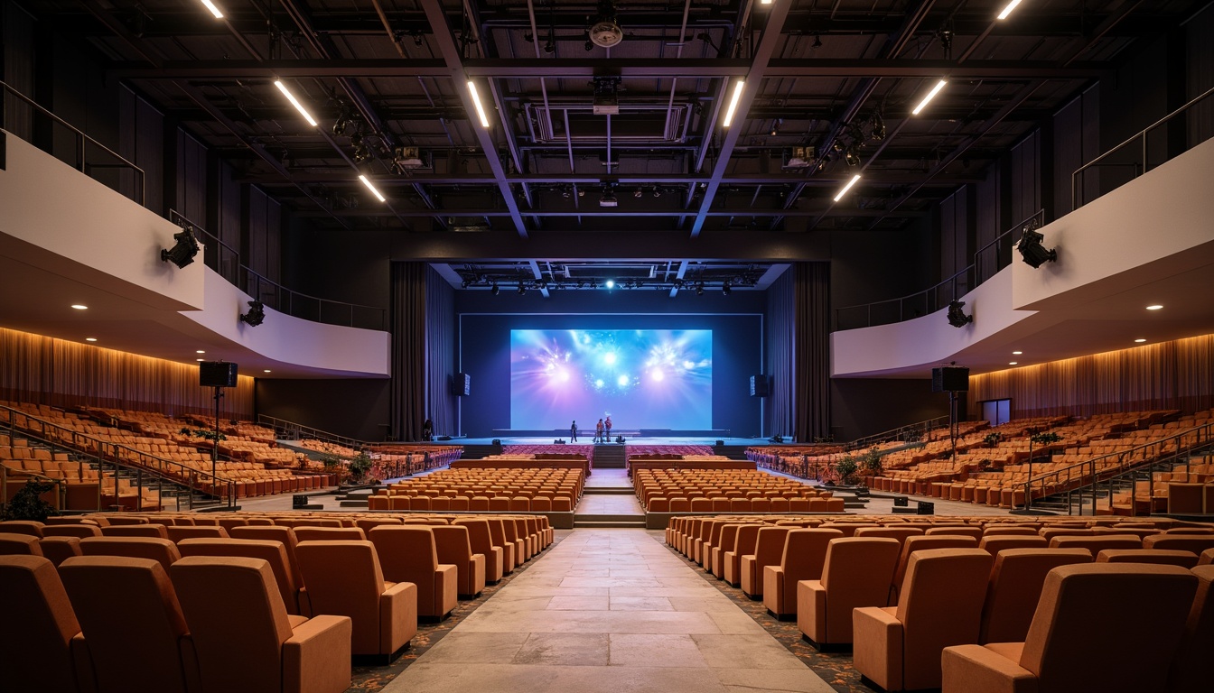 Prompt: Elegant amphitheater interior, curved seating arrangement, subtle warm lighting, suspended LED lights, minimalist metal beams, polished concrete floors, tiered stage design, retractable curtains, ambient ceiling lights, soft glowing steps, dramatic spotlights, vibrant color-changing effects, 3-point lighting setup, cinematic atmosphere, shallow depth of field, realistic textures, ambient occlusion.