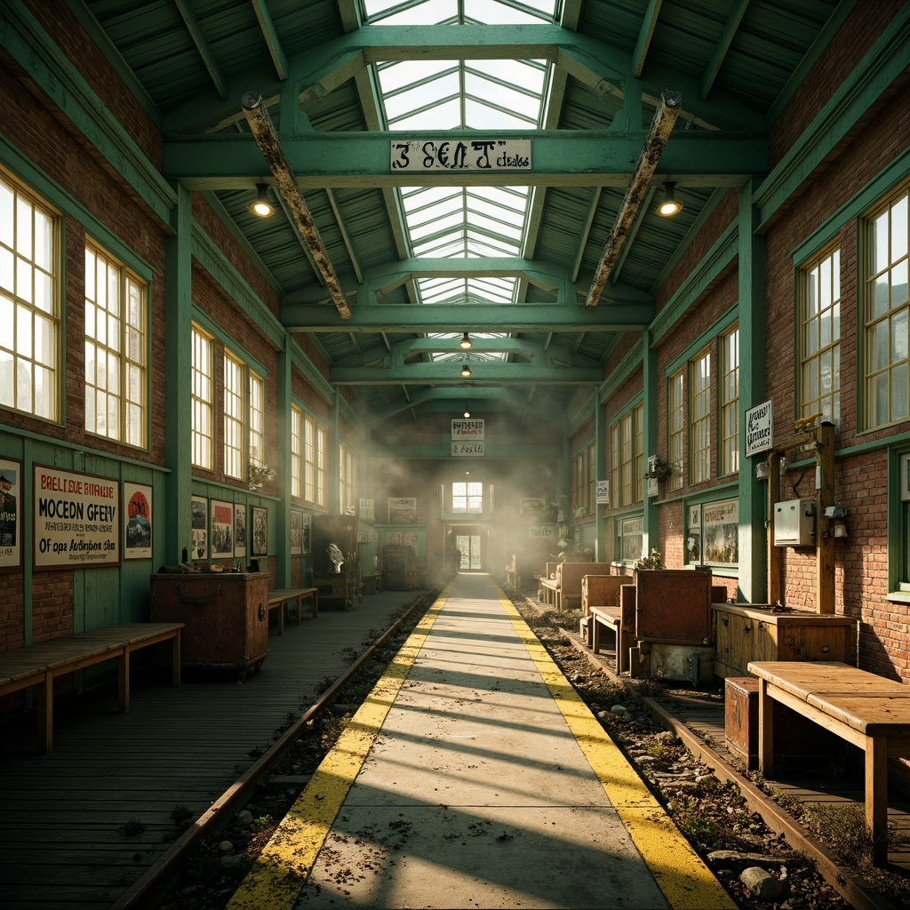 Prompt: Vibrant mint green accents, industrial metal beams, distressed brick walls, worn wooden benches, nostalgic luggage racks, vintage train schedules, rusty steel tracks, atmospheric steam effects, warm golden lighting, cinematic shadows, shallow depth of field, 2/3 composition, dramatic angles, expressionist brushstrokes, textured concrete floors, eclectic retro posters, faded signage, intricate ironwork details, soft misty atmosphere.