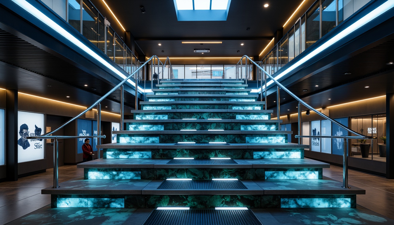 Prompt: Floating staircase, futuristic aesthetic, sleek metal railings, glowing LED lights, minimalist design, open risers, cantilevered treads, suspended steps, angular lines, dynamic shapes, reflective glass surfaces, polished chrome accents, neon-lit handrails, holographic patterns, ambient occlusion, shallow depth of field, 3/4 composition, panoramic view, realistic textures, soft warm lighting.