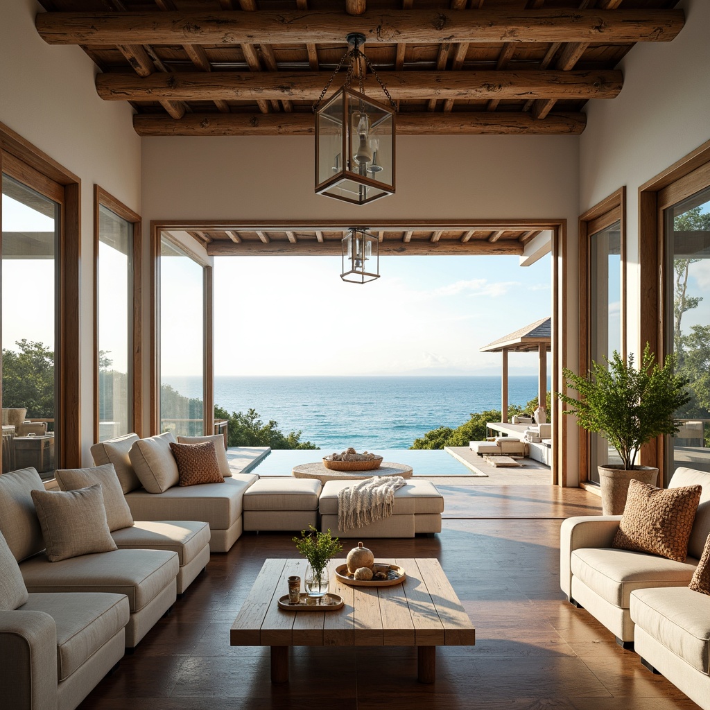 Prompt: Coastal villa, ocean views, driftwood accents, natural textures, calming color palette, soft warm lighting, pendant lanterns, nautical rope details, distressed wood beams, glass chandeliers, minimalist decor, seaside-inspired furniture, comfortable lounge areas, floor-to-ceiling windows, sliding glass doors, tropical plants, subtle shell motifs, beachy ambiance, relaxed atmosphere, morning sunlight, gentle ocean breeze.