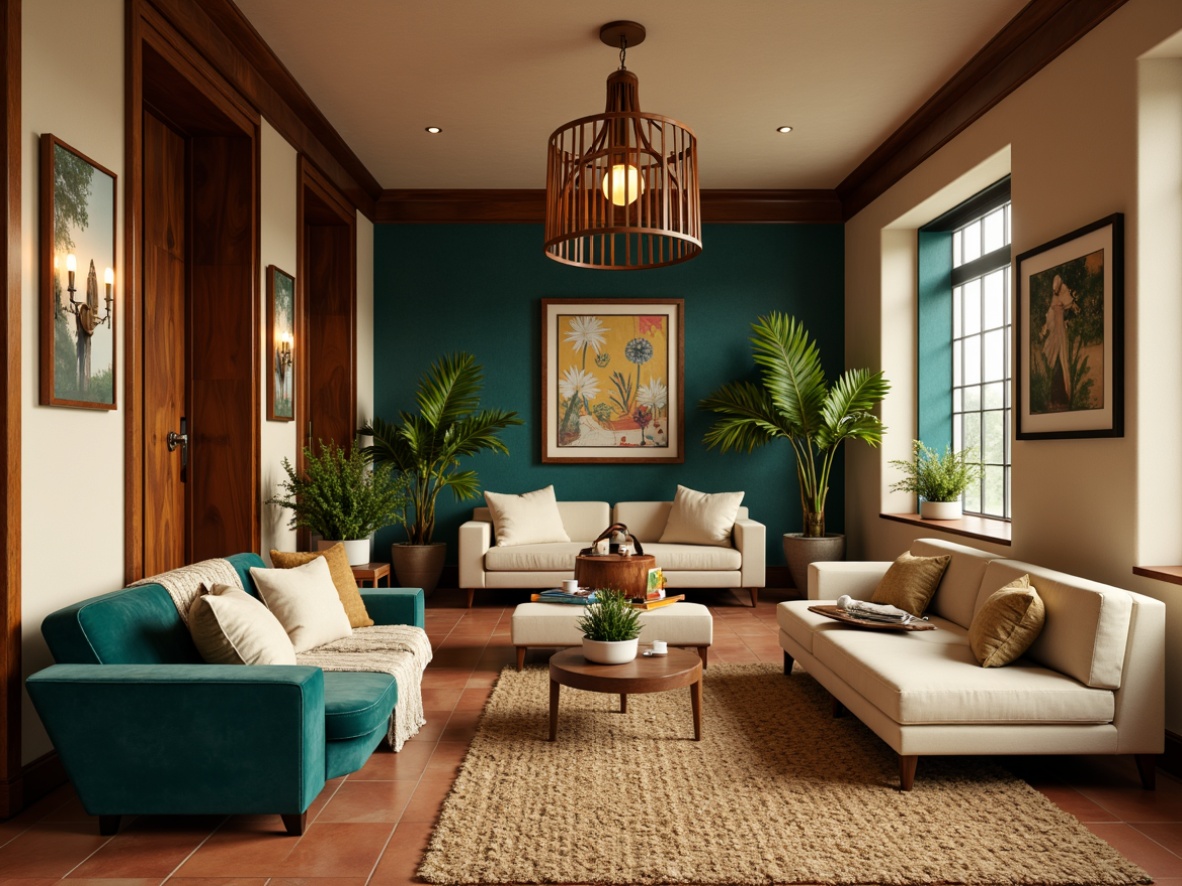 Prompt: Warm walnut wood tones, rich turquoise accents, creamy beige walls, bold graphic patterns, statement lighting fixtures, elegant curved lines, retro-inspired furniture, plush velvet upholstery, natural woven textiles, earthy terracotta floors, lush greenery, warm golden lighting, soft focus blur, 1/2 composition, intimate atmosphere, realistic materials.