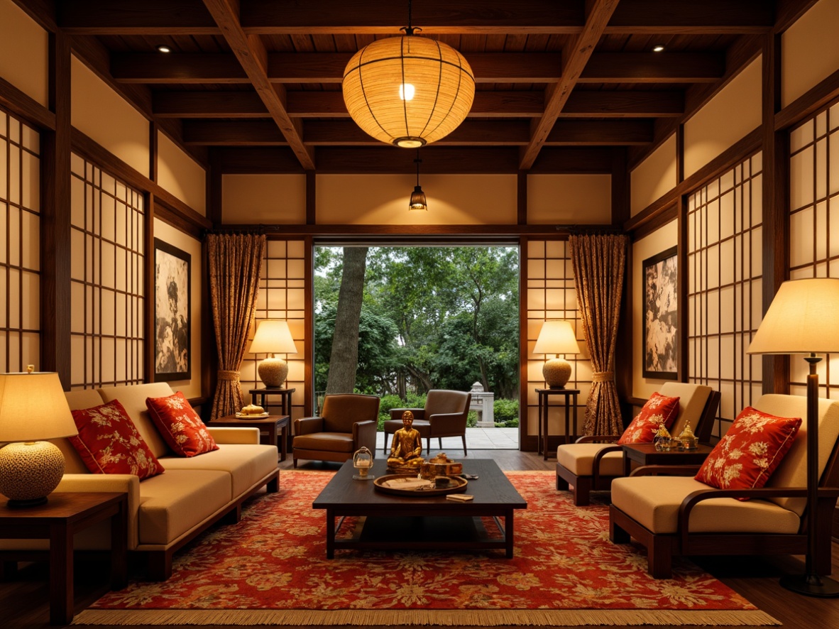 Prompt: Warm Asian-inspired living room, traditional Japanese shoji screens, natural wood accents, rice paper lanterns, soft warm lighting, table lamps with silk shades, floor lamps with woven rattan baskets, subtle uplighting, cozy reading nooks, comfortable seating areas, plush throw pillows, vibrant Asian-style textiles, intricate patterns, golden Buddha statues, peaceful ambiance, shallow depth of field, 1/1 composition, realistic textures, ambient occlusion.