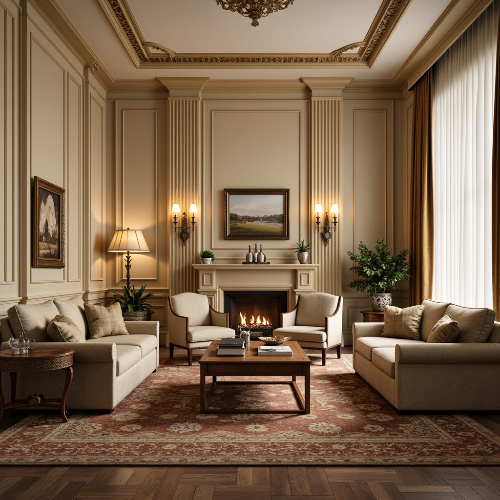 Prompt: Elegant family room, ornate molding, luxurious fabrics, rich wood tones, cream-colored walls, soft golden lighting, velvet sofas, antique furniture pieces, intricate patterns, subtle textures, warm beige accents, classical columns, ornamental ceiling details, sophisticated color scheme, muted earthy tones, serene atmosphere, shallow depth of field, 1/2 composition, realistic render.