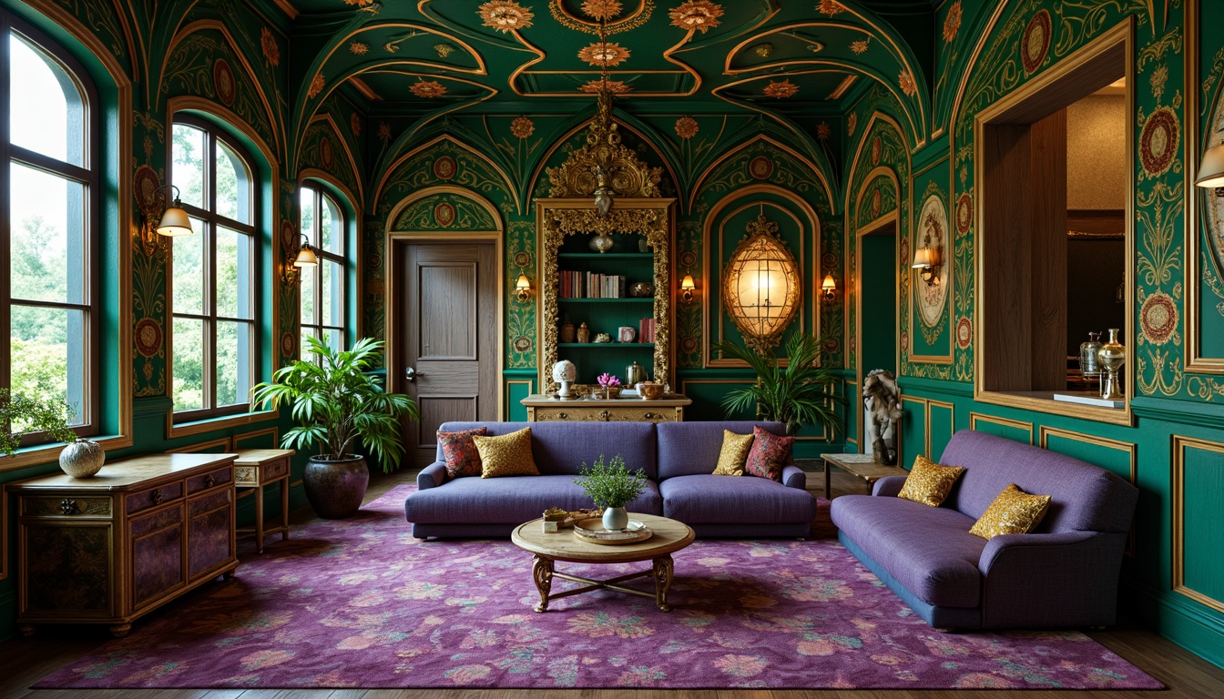 Prompt: Intricate Art Nouveau interior, ornate furnishings, sinuous lines, organic forms, flowing curves, vibrant jewel-toned colors, emerald green walls, sapphire blue accents, amethyst purple fabrics, golden metallic details, rich wood tones, velvety textures, soft warm lighting, dramatic shadows, 1/2 composition, realistic renderings, detailed ornaments, natural motifs, botanical patterns, elegant furnishings, luxurious atmosphere.