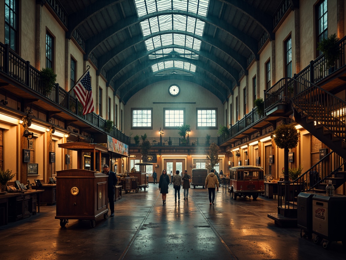 Prompt: Grandiose train station, ornate ironwork, vaulted ceilings, grand staircases, intricate mosaics, vintage luggage carts, ornamental clocks, industrial metal beams, exposed brick walls, dramatic lighting, cinematic shadows, atmospheric fog, rainy day, shallow depth of field, 1/2 composition, symmetrical framing, warm color palette, rich textures, detailed props.