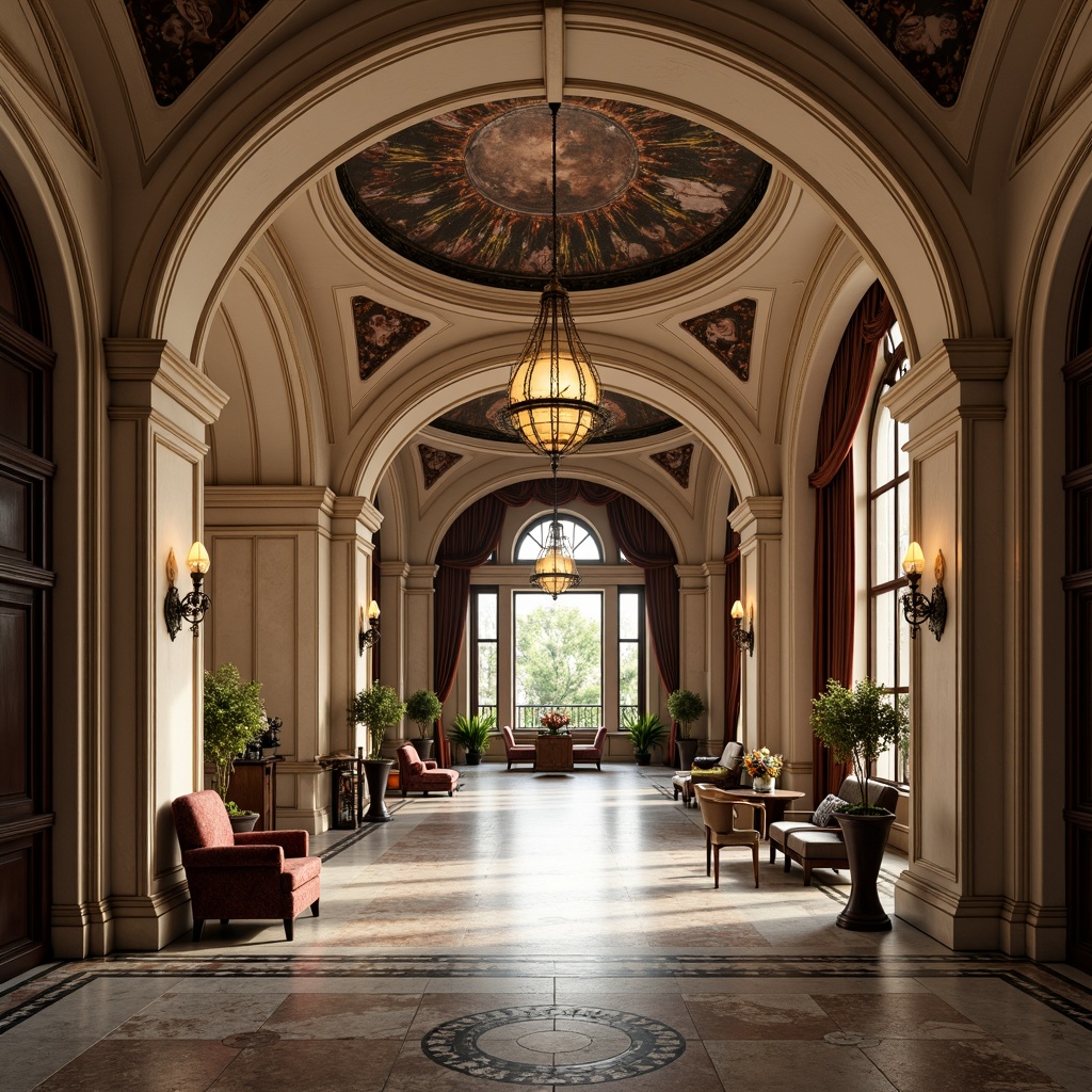 Prompt: Luxurious interior, ornate arches, grand entranceways, sweeping curves, elegant columns, refined stucco walls, polished marble floors, intricate fresco ceilings, lavish chandeliers, ornamental moldings, classic Romanesque details, rich velvet drapes, regal throne-like chairs, Renaissance-inspired furnishings, soft warm lighting, atmospheric ambiance, shallow depth of field, 1/1 composition, realistic textures, ambient occlusion.