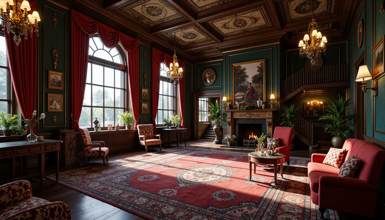 Prompt: Luxurious Victorian-era mansion, rich jewel-toned walls, ornate furnishings, opulent fabrics, intricately patterned rugs, dark wood paneling, gilded accents, velvet drapes, lavish chandeliers, soft warm lighting, dramatic shadows, high-contrast color scheme, bold reds, deep blues, emerald greens, golden yellows, rich browns, intricate moldings, ornate plasterwork, grand staircases, stately furniture, romantic ambiance, 1/1 composition, cinematic lighting, realistic textures.