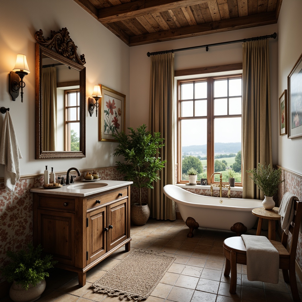 Prompt: Rustic farmhouse powder room, distressed wooden vanity, ornate metal fixtures, soft warm lighting, natural stone flooring, earthy color palette, vintage decorative accents, antique mirrors, plush area rug, floral patterned wallpaper, elegant freestanding tub, bronze faucet, luxurious textiles, botanical artwork, countryside views, serene ambiance, shallow depth of field, 1/1 composition, realistic textures.