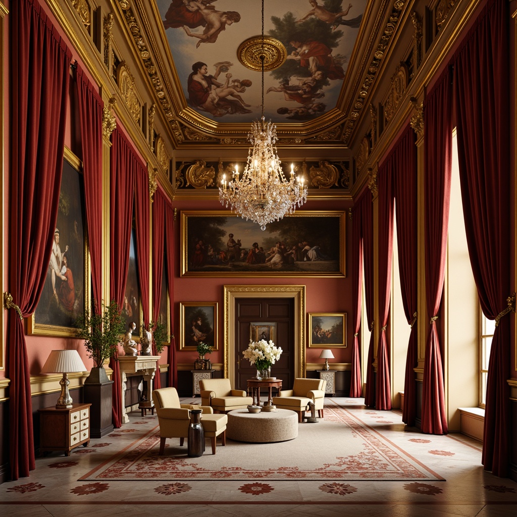 Prompt: Elegant gallery interior, classic ornate moldings, rich velvet drapes, gilded frames, crystal chandeliers, warm golden lighting, softbox diffused illumination, subtle gradient shadows, Renaissance-inspired frescoes, ornate marble floors, stately columns, antique furniture pieces, luxurious fabrics, refined decorative accents, delicate lace details, majestic coved ceilings, dramatic spotlights, subtle color grading, 1/2 composition, high contrast ratio, cinematic atmosphere.