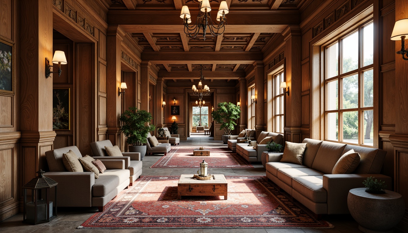 Prompt: Elegant hallway, luxurious vernacular interiors, rich wood tones, ornate carvings, plush area rugs, comfortable sectional sofas, rustic wooden benches, vintage metal lanterns, distressed leather armchairs, reclaimed wood coffee tables, natural stone flooring, soft warm lighting, shallow depth of field, 3/4 composition, panoramic view, realistic textures, ambient occlusion.