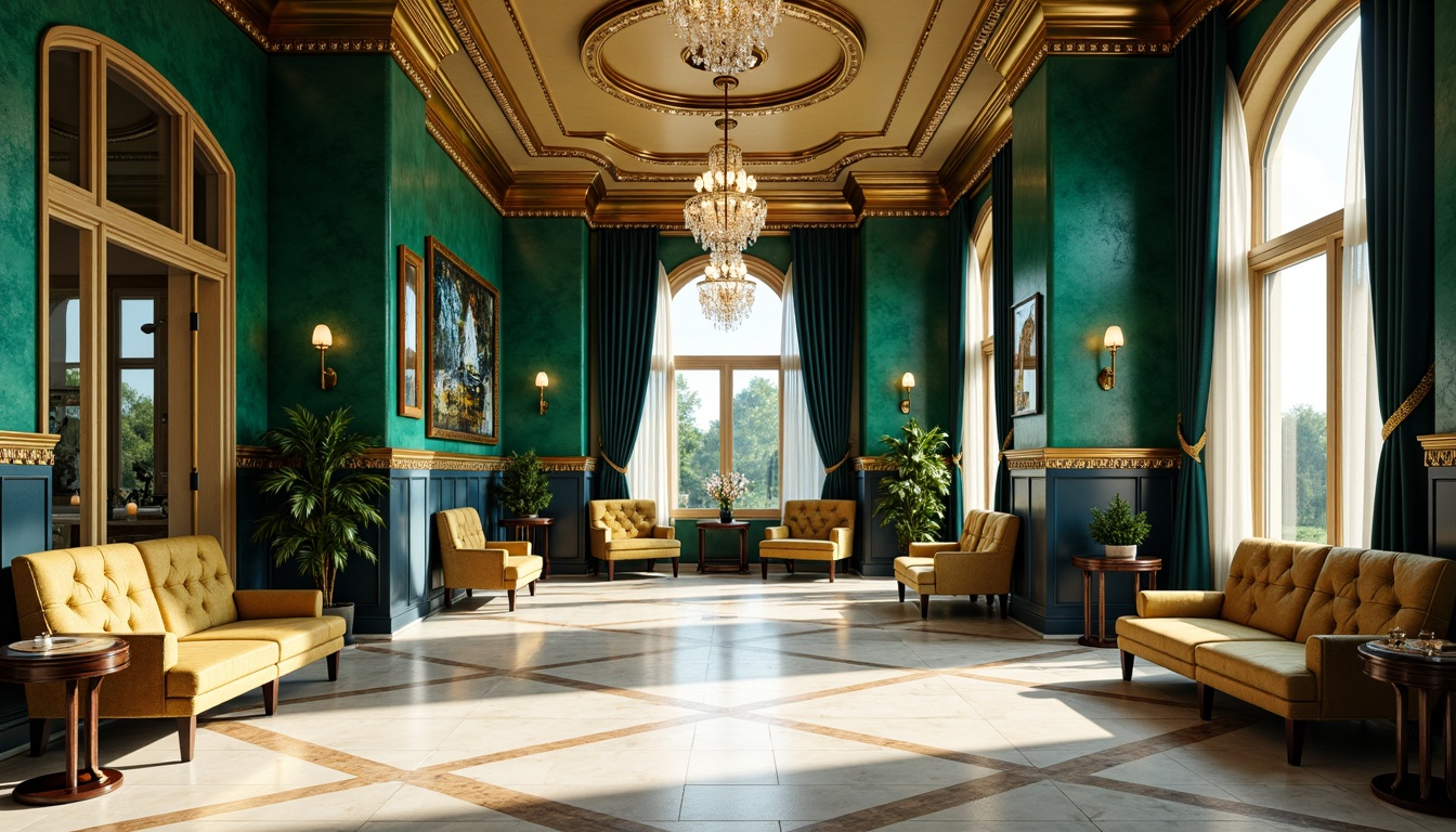 Prompt: Luxurious Art Deco interior, rich jewel tones, emerald green walls, navy blue accents, metallic gold fixtures, creamy white marble floors, ornate geometric patterns, opulent velvet furnishings, lavish crystal chandeliers, sunlit windows, soft warm glow, shallow depth of field, 1/2 composition, realistic textures, ambient occlusion.