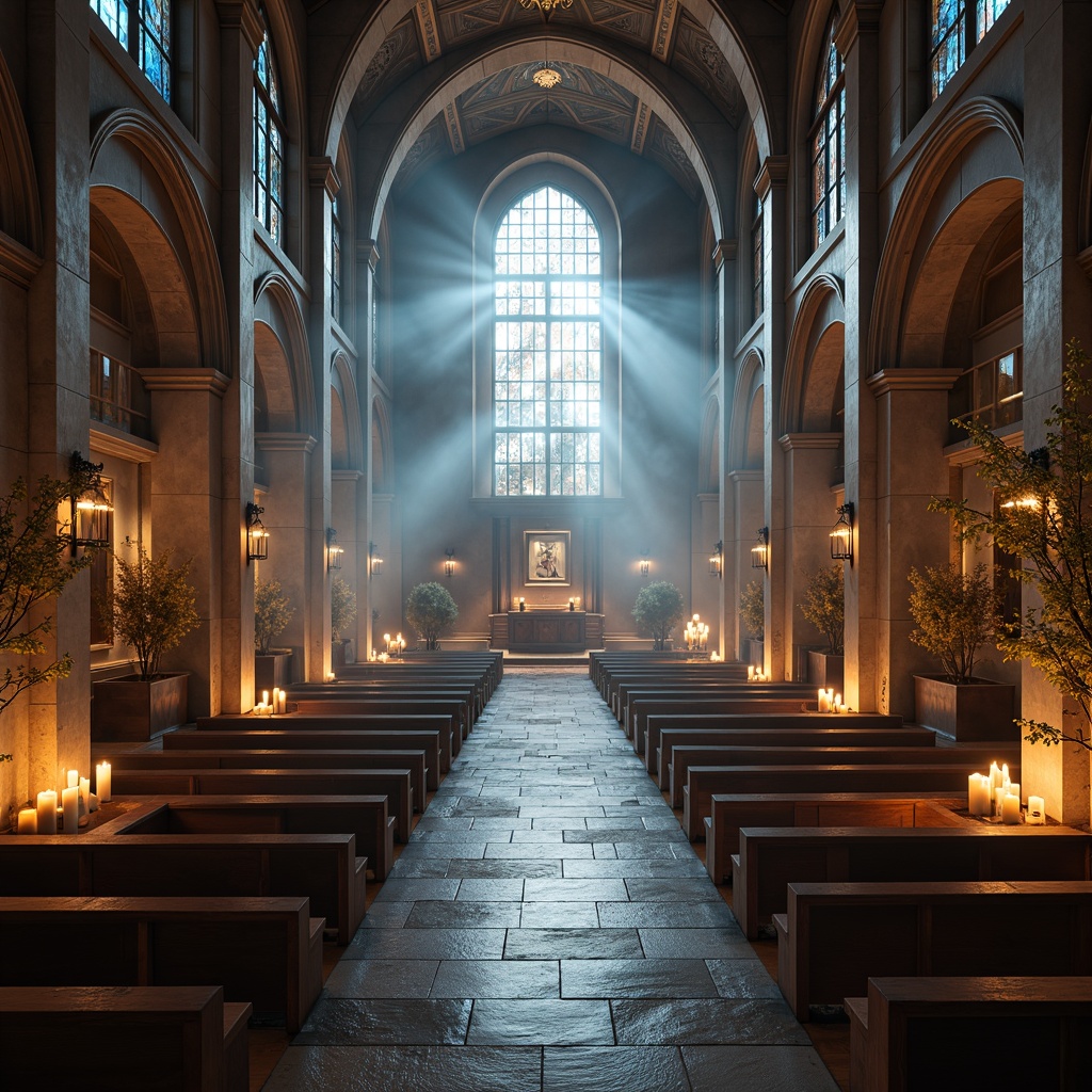 Prompt: Ethereal monastery interior, futuristic ambiance, soft warm glow, LED candles, ambient occlusion, subtle color grading, minimalist decor, sleek metallic accents, polished stone floors, vaulted ceilings, stained glass windows, intricate mosaics, ornate wooden furnishings, atmospheric fog effects, dramatic spotlighting, cinematic lighting ratios, 1/1 composition, high-contrast ratio, mystical atmosphere, sacred relics, ancient artifacts, futuristic technology integration.