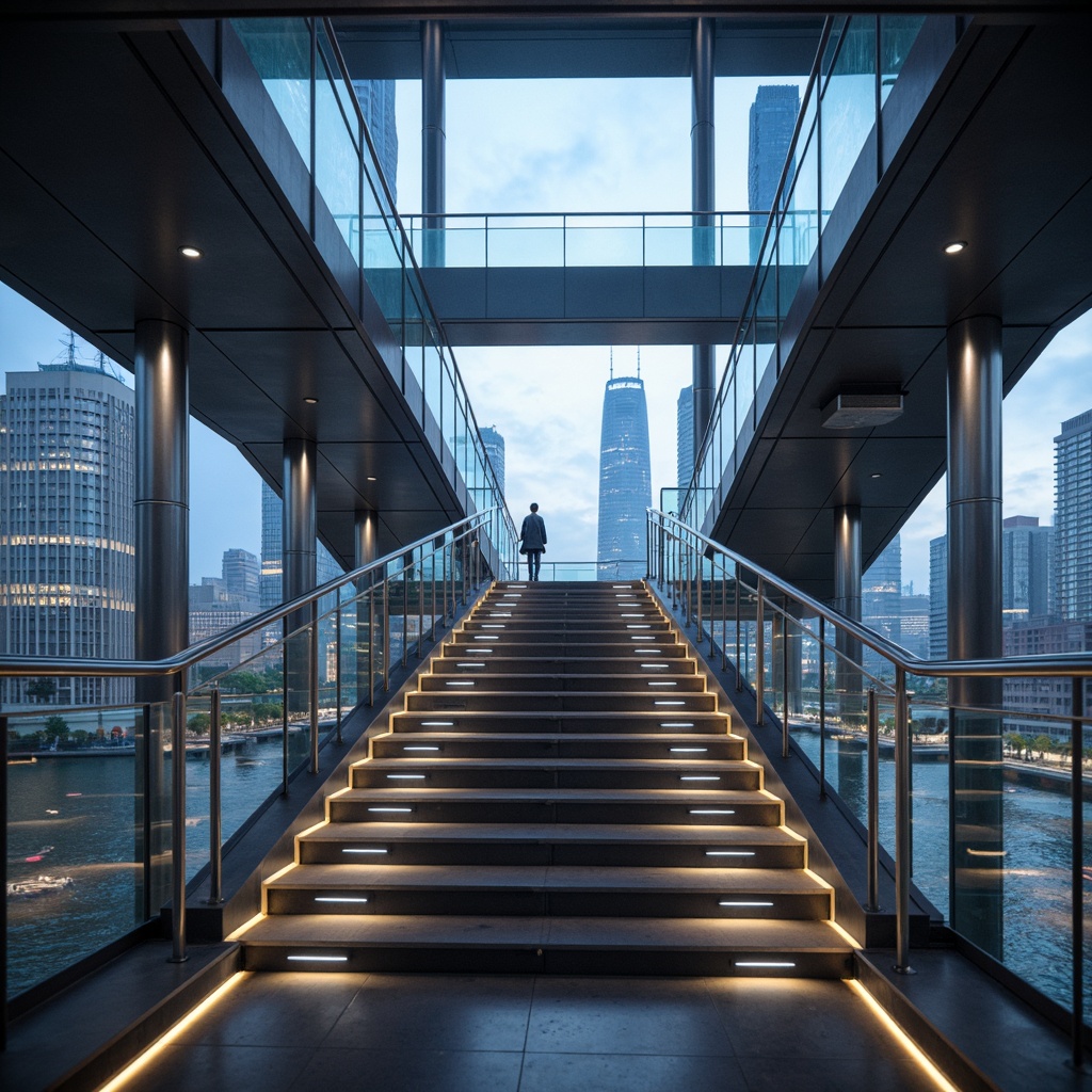 Prompt: Sleek staircase, futuristic aesthetic, metallic handrails, LED lighting strips, glass balustrades, cantilevered treads, minimalist design, open risers, floating steps, geometric patterns, holographic displays, neon accents, atmospheric misting, ambient soundscapes, panoramic city views, high-rise buildings, urban landscapes, cyberpunk-inspired textures, reflective surfaces, low-poly 3D models, cinematic composition, shallow depth of field, realistic renderings.