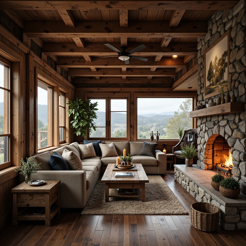 Prompt: Rustic wooden cabin, natural stone walls, earthy color palette, vintage metal accents, reclaimed wood furniture, cozy fireplace, plush textiles, woven baskets, potted greenery, distressed finishes, warm candlelight, shallow depth of field, 1/1 composition, rustic landscape, rolling hills, misty morning, soft warm lighting, realistic textures, ambient occlusion.