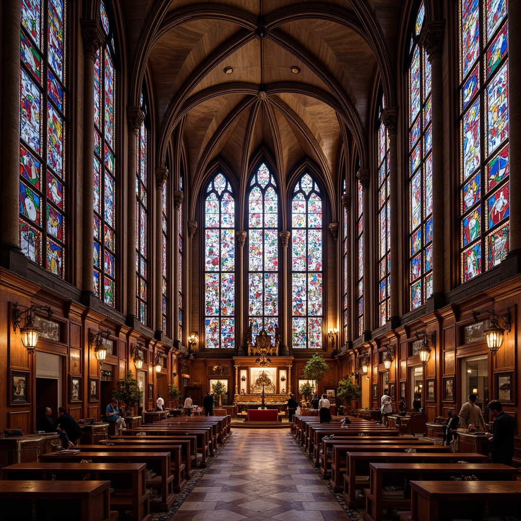 Prompt: Vibrant stained glass windows, kaleidoscope colors, intricate patterns, ornate details, Gothic architectural style, grand cathedral-like interior, majestic high ceilings, ornamental furnishings, luxurious textiles, rich wood tones, ambient warm lighting, soft diffused glow, 1/1 composition, symmetrical framing, detailed textures, realistic reflections.