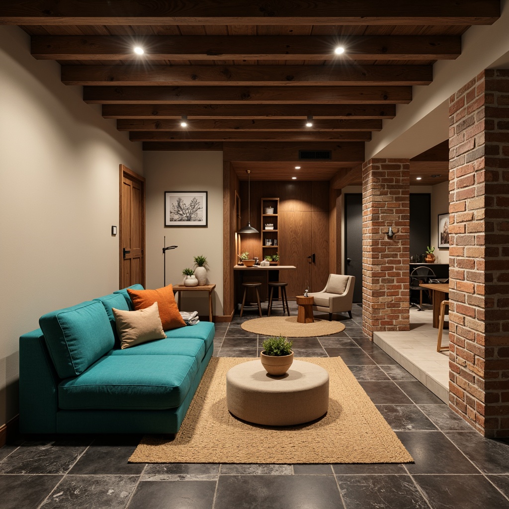 Prompt: Cozy basement, warm earthy tones, rich wood accents, soft cream walls, dark grey stone floors, industrial metal beams, modern minimalist decor, recessed lighting, atmospheric shadows, dramatic color contrast, bold accent colors, vibrant turquoise furniture, rustic brick textures, natural stone columns, warm beige carpets, intimate ambiance, relaxing atmosphere, soft diffused light.