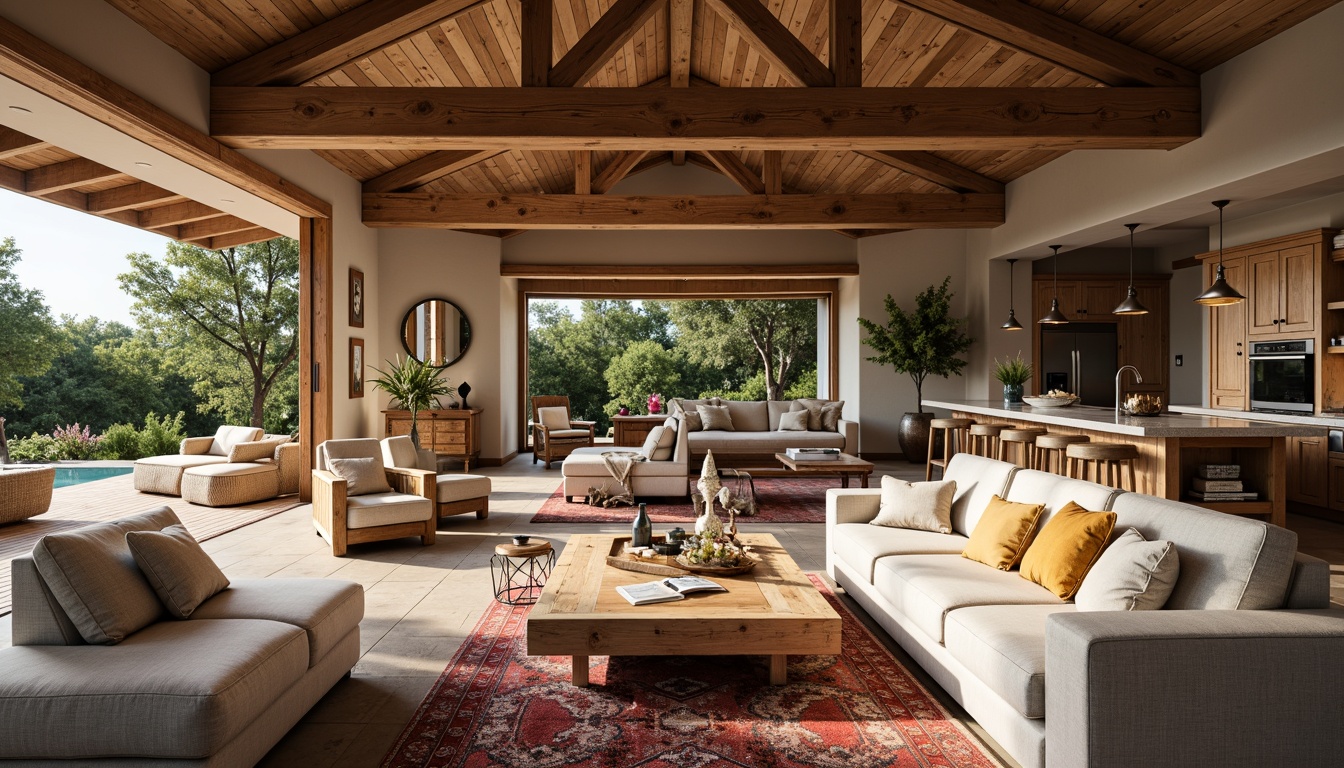 Prompt: Cozy living room, open floor plan, wooden beams, large windows, natural light, comfortable sofas, rustic wood furniture, earthy color palette, plush area rugs, stone fireplace, built-in shelving, modern kitchen island, stainless steel appliances, granite countertops, pendant lighting, breakfast nook, sliding glass doors, outdoor patio, lush greenery, warm sunny day, soft ambient lighting, shallow depth of field, 3/4 composition, realistic textures, ambient occlusion.