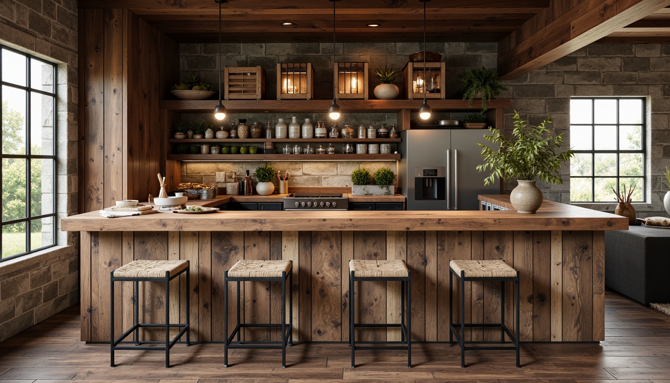 Prompt: Rustic farmhouse bar counter, reclaimed wood planks, metal footrests, pendant lighting fixtures, vintage industrial decor, wooden crates, earthy tone color scheme, natural stone walls, distressed finishes, modern appliances, farmhouse sink, rustic metal stools, woven textiles, warm ambient lighting, 1/1 composition, realistic wood textures, shallow depth of field.