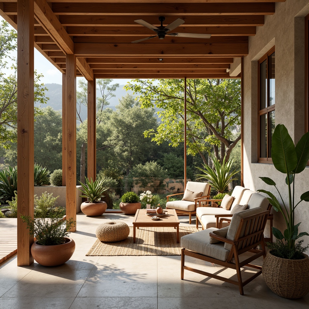 Prompt: Mid-century modern sunroom, warm natural light, large windows, sliding glass doors, wooden accents, teak wood furniture, woven rattan chairs, linen upholstery, jute rug, terracotta pots, lush greenery, exotic plants, organic shapes, geometric patterns, earthy tones, tactile textures, rough-hewn stone walls, smooth concrete floors, subtle wood grain, soft diffused lighting, 1/1 composition, atmospheric perspective.