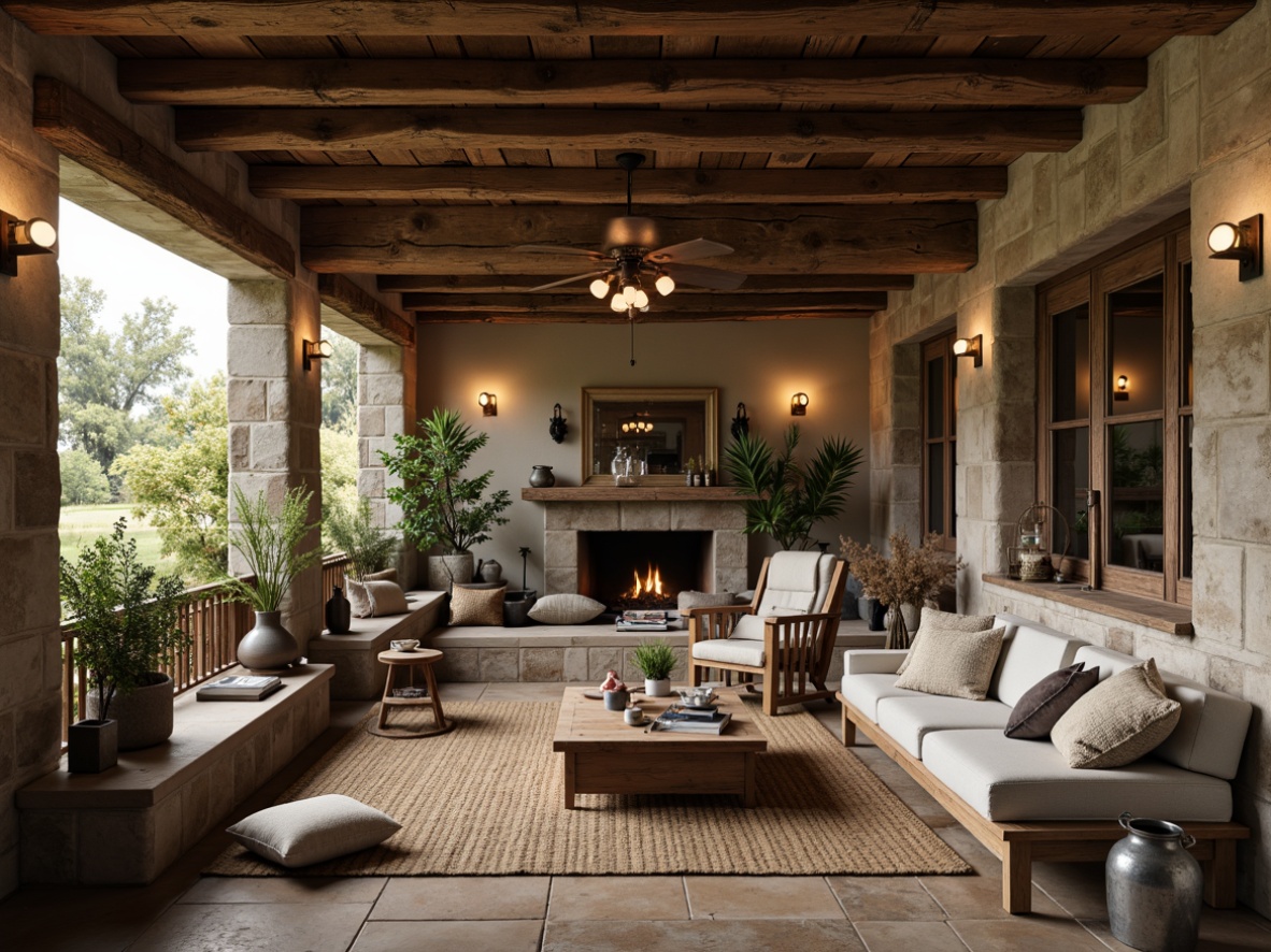 Prompt: Rustic farmhouse, vintage metal lanterns, distressed wood accents, earthy color palette, natural stone walls, reclaimed wood beams, cozy reading nooks, plush throw blankets, galvanized metal decor, ceramic vases, potted greenery, warm soft lighting, shallow depth of field, 3/4 composition, rustic textures, ambient occlusion.