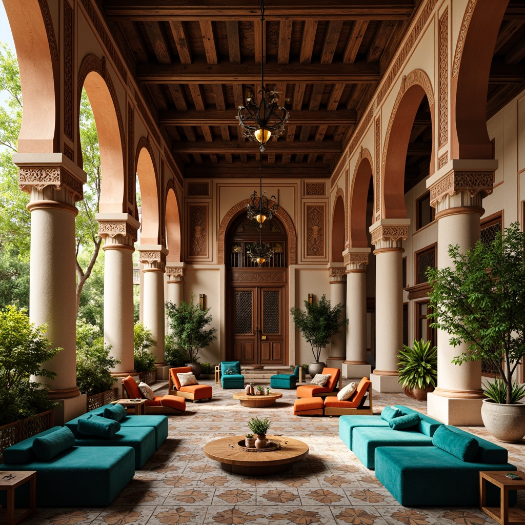 Prompt: Warm earthy tones, rich wood accents, ornate cultural patterns, vibrant turquoise, majestic arches, intricate tile work, luxurious velvet fabrics, golden metal fixtures, soft warm lighting, ambient shadows, 1/1 composition, realistic textures, traditional Middle Eastern architecture, grand high ceilings, elegant columns, sophisticated interior design, cozy intimate spaces.