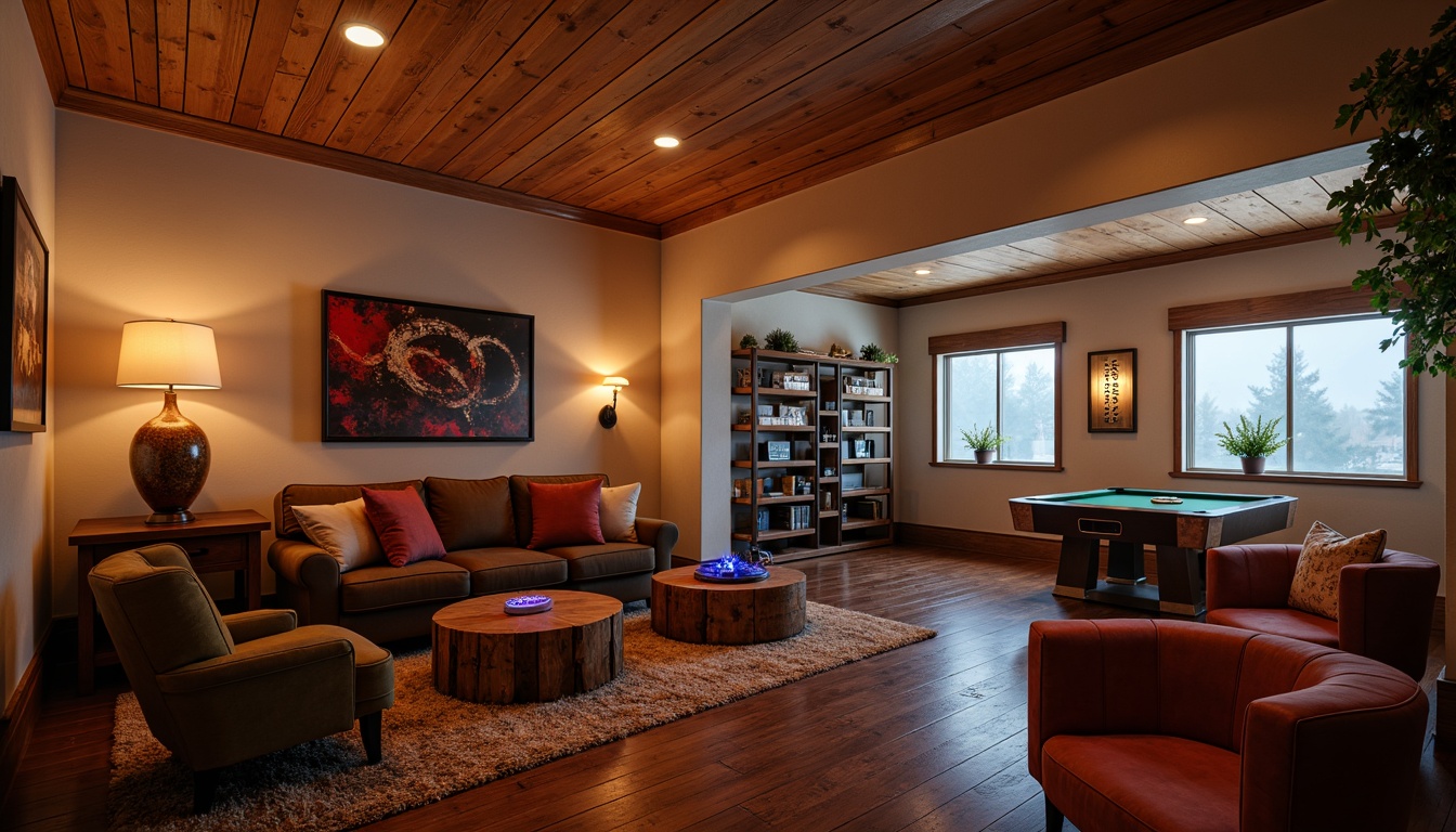 Prompt: Cozy game room, warm beige walls, rich wood tones, plush sectional sofas, velvet armchairs, rustic wooden coffee tables, vintage gaming consoles, neon signage, industrial metal shelves, modern abstract artwork, soft box lighting, atmospheric fog effects, 1/2 composition, cinematic camera angles, detailed textures, ambient Occlusion.