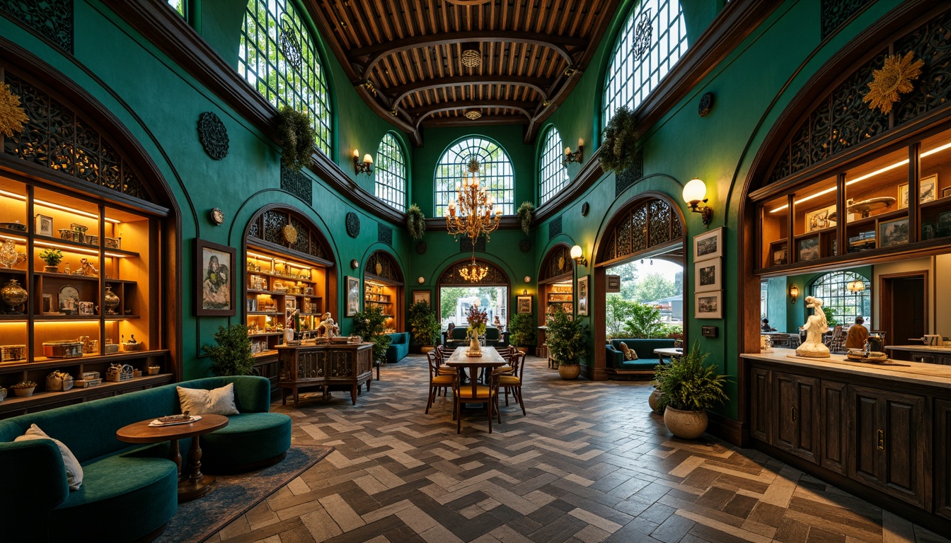 Prompt: Luxurious Market Art Nouveau interior, rich jewel-toned color scheme, emerald green walls, navy blue accents, warm golden lighting, intricate organic patterns, flowing curved lines, ornate metalwork, lavish velvet fabrics, distressed wooden furniture, antique artifacts, soft warm glow, shallow depth of field, 1/1 composition, realistic textures, ambient occlusion.