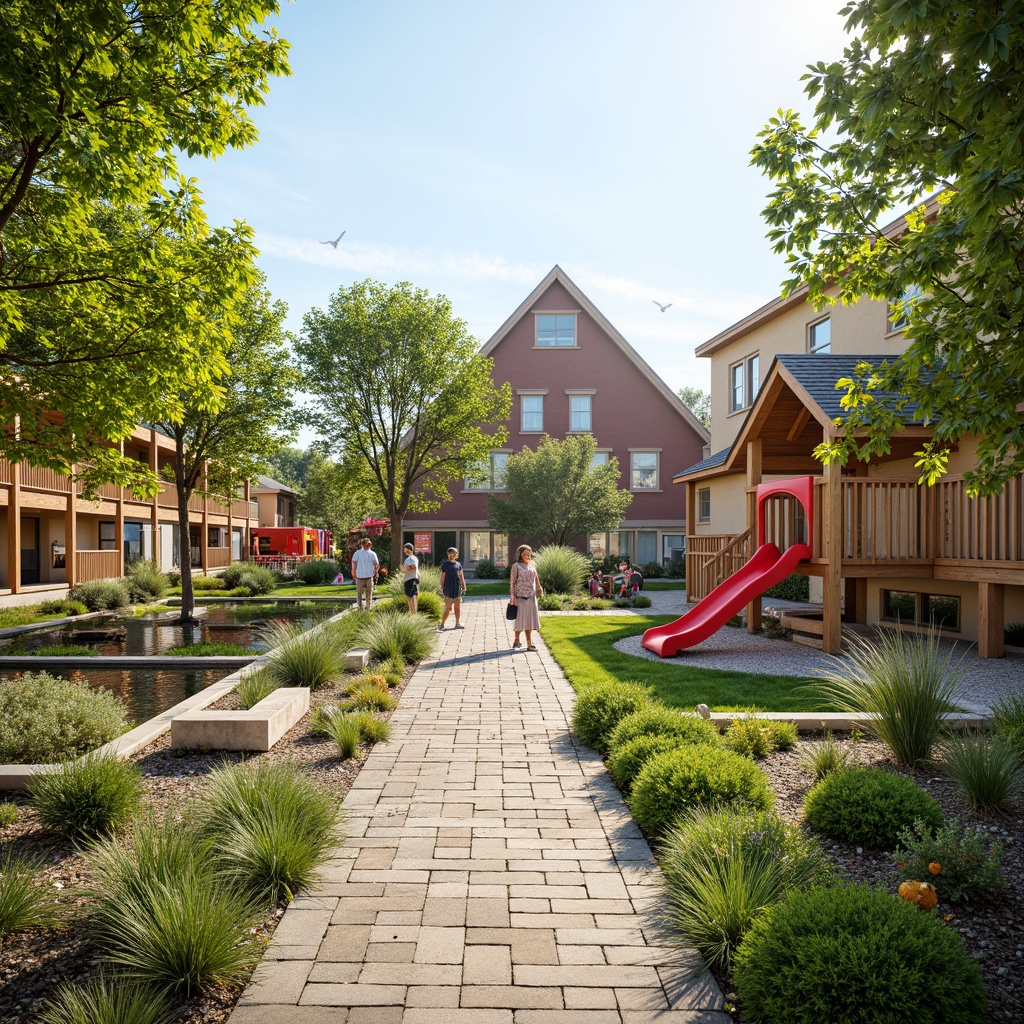 Prompt: Vibrant kindergarten playground, natural stone pathways, wooden play structures, green roofs, outdoor classrooms, butterfly gardens, sensory play areas, water features, interactive art installations, educational signage, native plant species, birdhouses, sunny day, soft warm lighting, shallow depth of field, 3/4 composition, panoramic view, realistic textures, ambient occlusion.