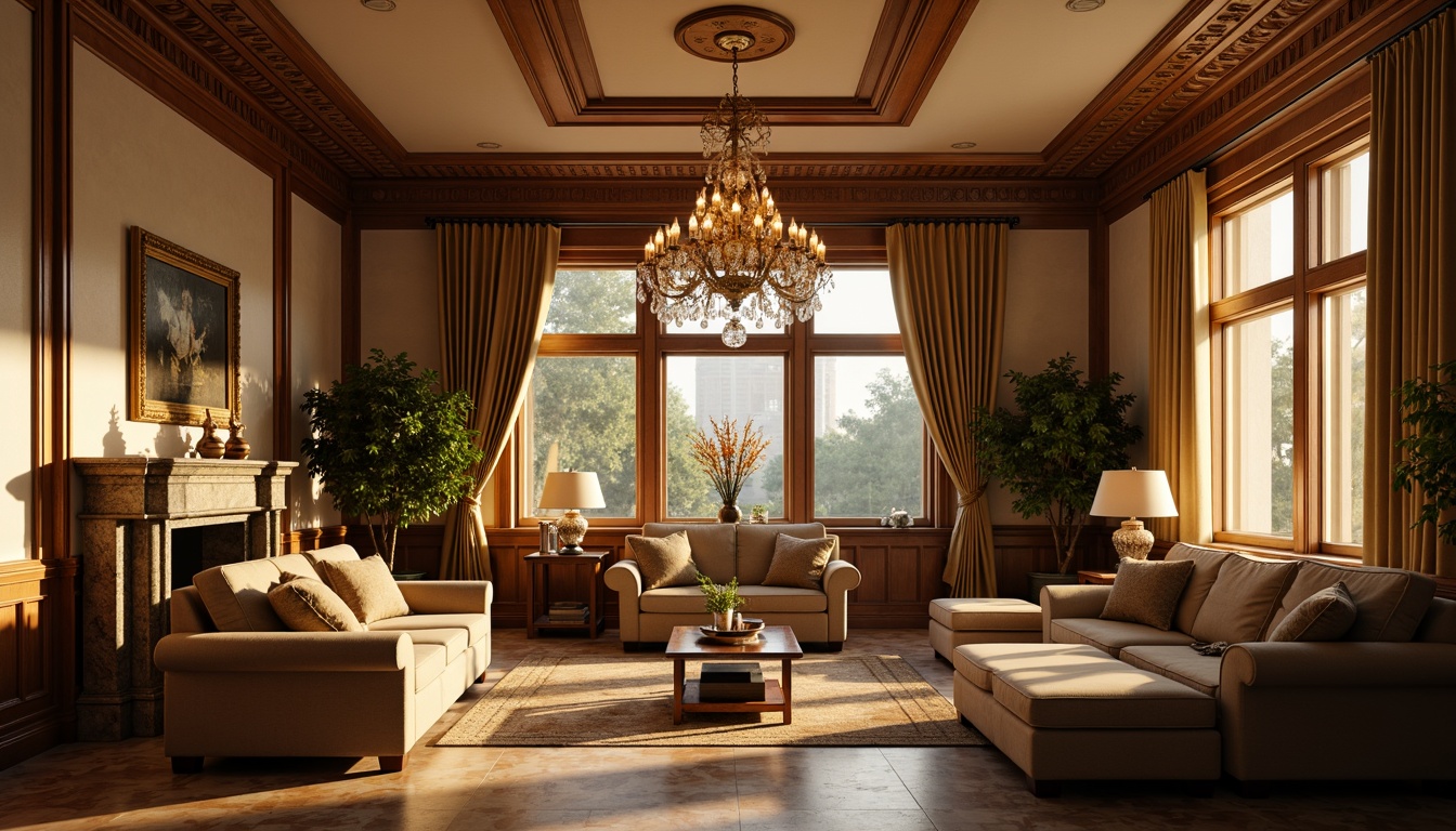 Prompt: Elegant family room, neoclassical architecture, ornate moldings, luxurious chandeliers, warm golden lighting, softbox lights, table lamps, floor lamps, crystal fixtures, velvet drapes, rich wood tones, marble floors, comfortable sofas, antique furniture, lavish textiles, subtle color palette, afternoon sunlight, gentle shadows, 1/1 composition, cinematic lighting, realistic reflections, ambient occlusion.